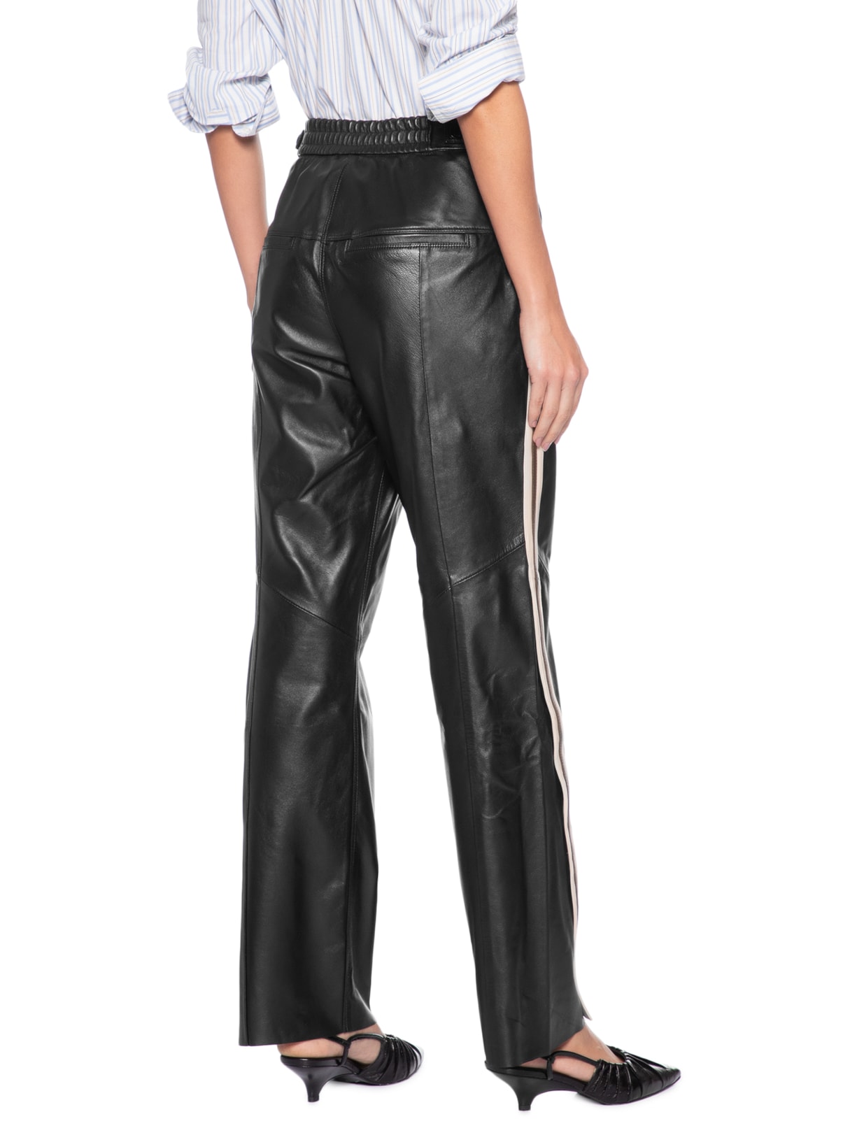 Calça Feminina de Couro Listra Lateral Botões Preto Animale