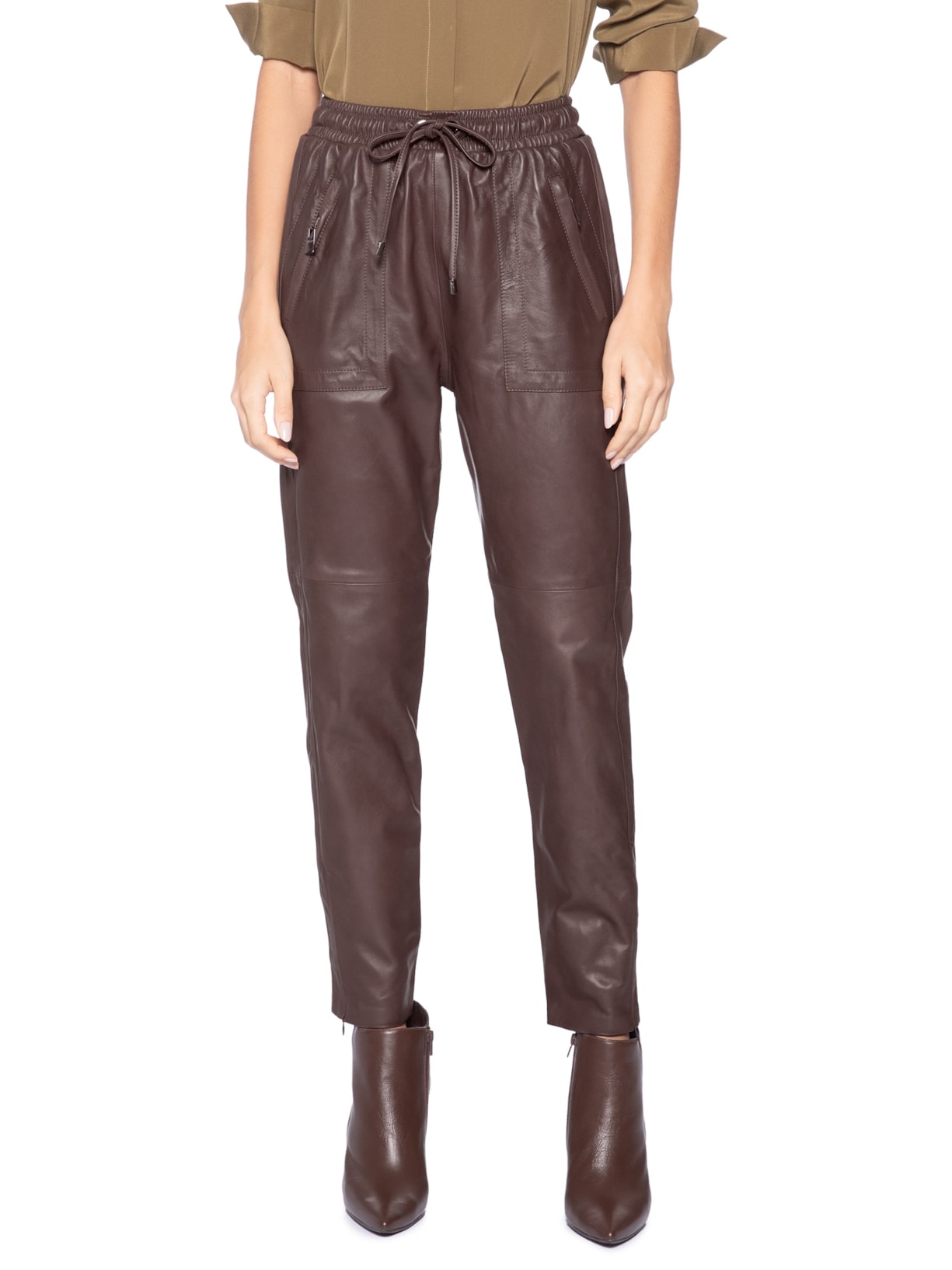 Calça Feminina De Couro Sport Marrom Animale