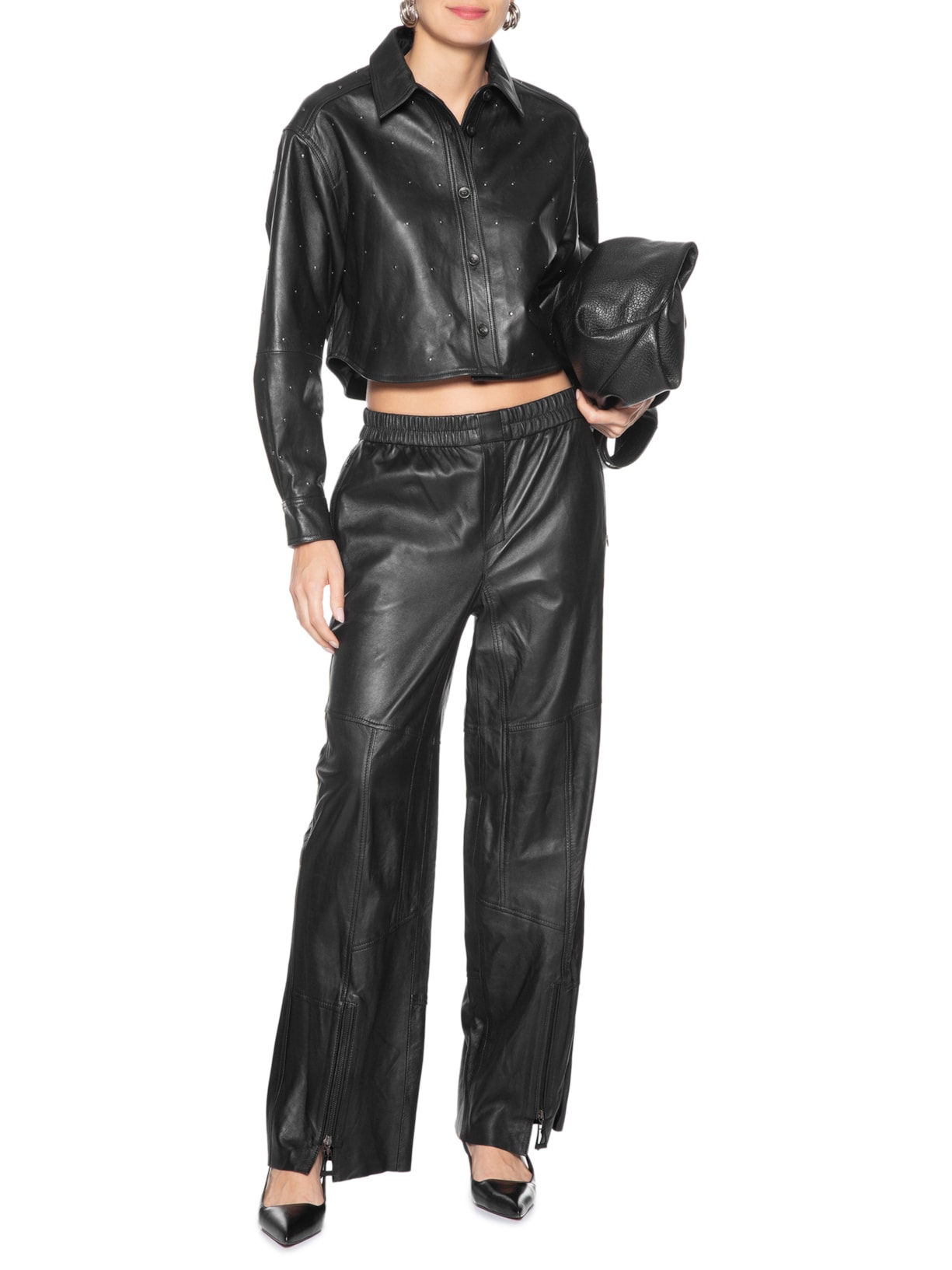 Calça Feminina De Couro Sport Recorte Pespontos Preto Animale