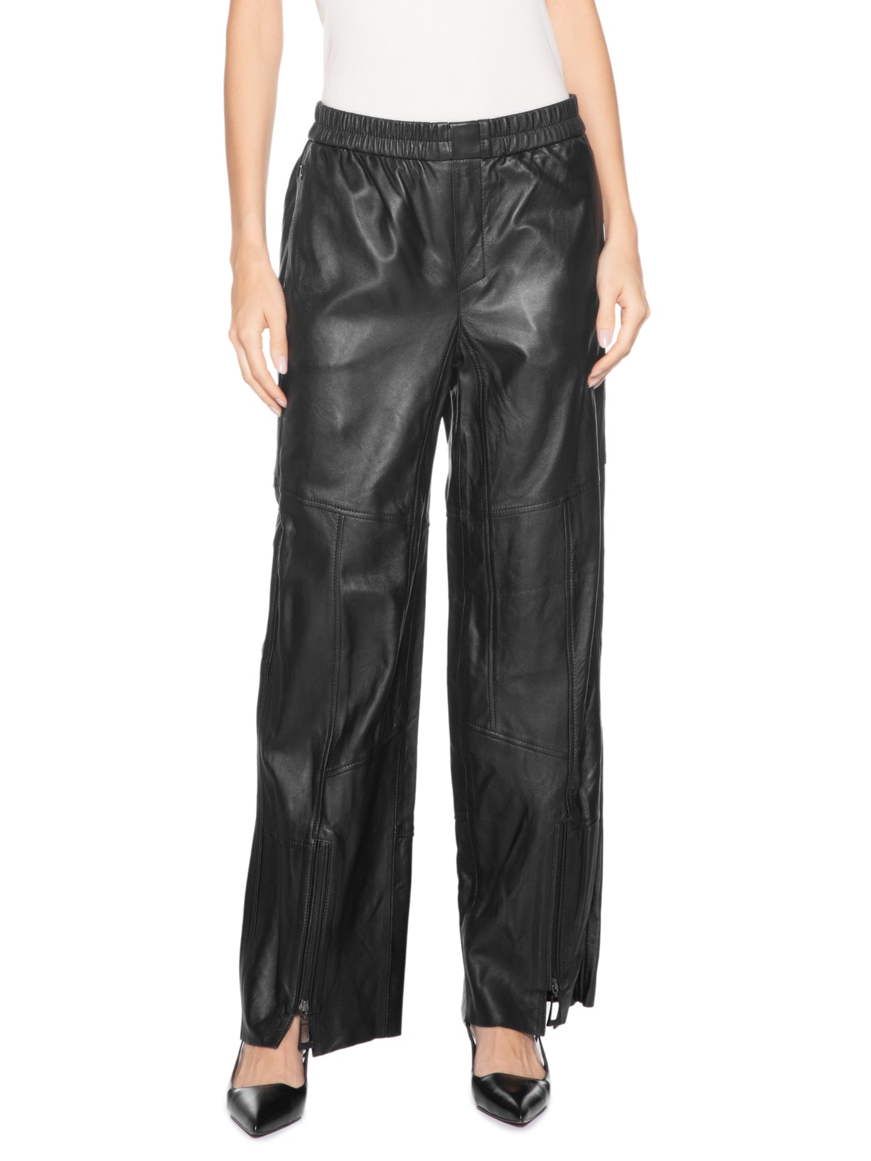 Calça Feminina De Couro Sport Recorte Pespontos Preto Animale