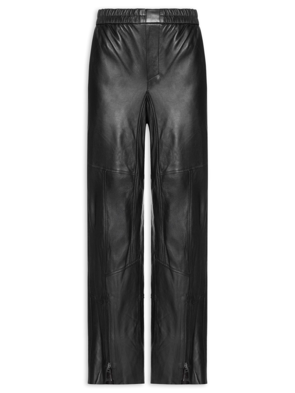 Calça Feminina De Couro Sport Recorte Pespontos Preto Animale