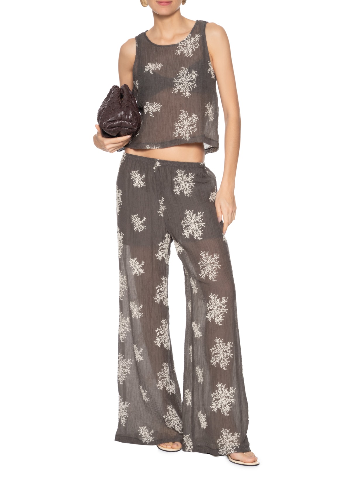 Calça Feminina De Gaze Bordada Ampla Cinza Animale Jeans