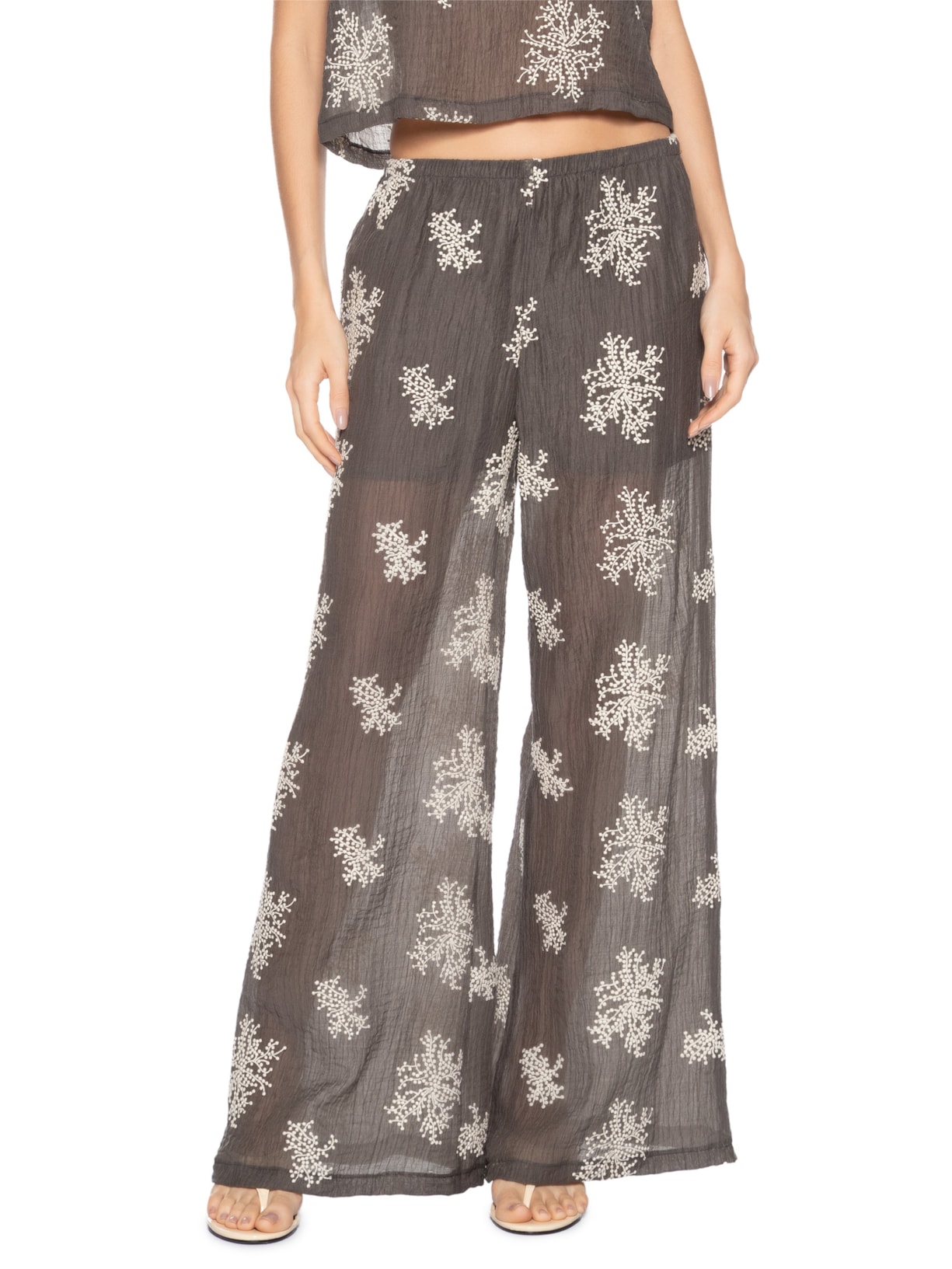 Calça Feminina De Gaze Bordada Ampla Cinza Animale Jeans