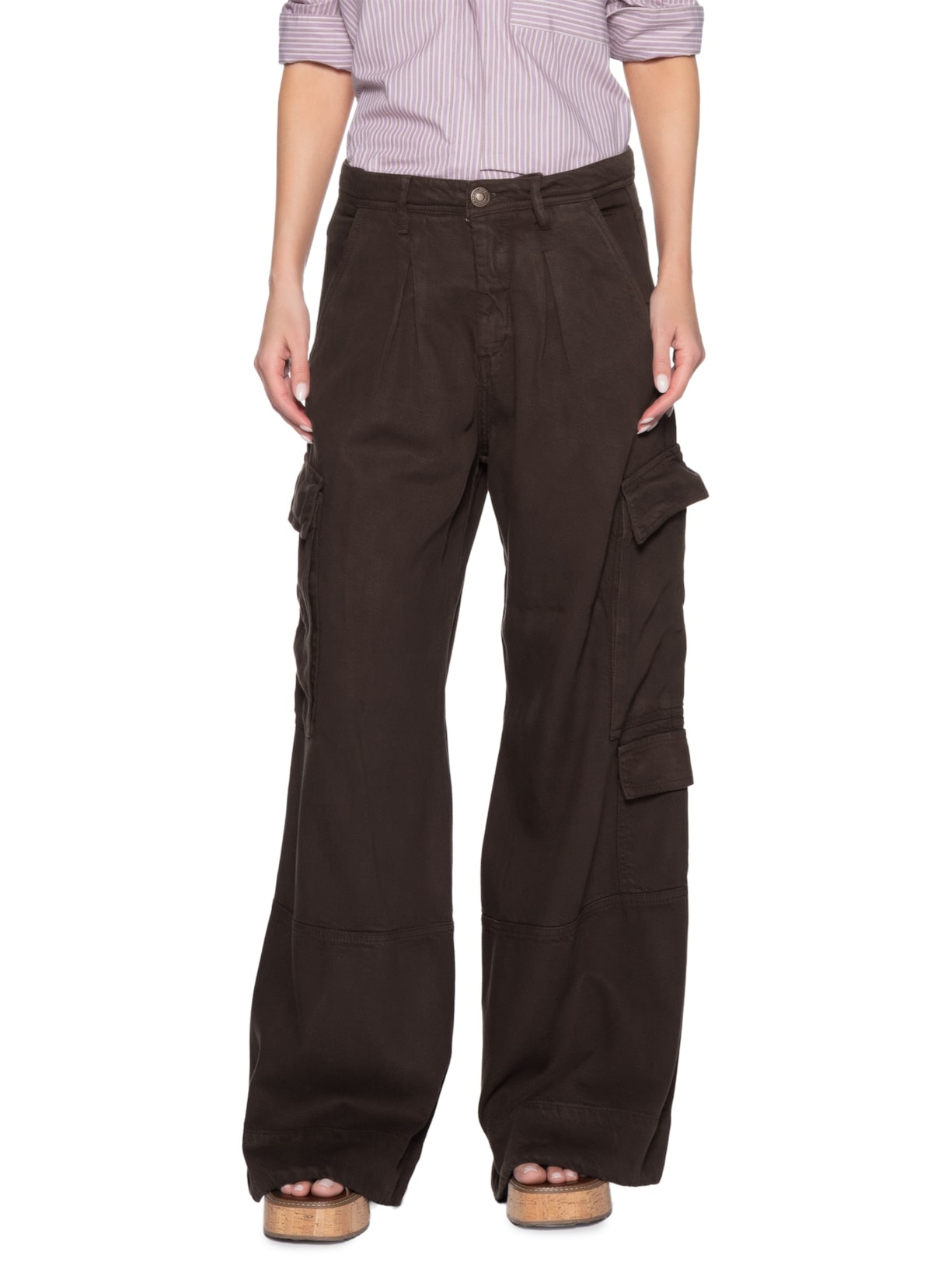 Calça Feminina De Sarja Cintura Baixa Prega Marrom Animale