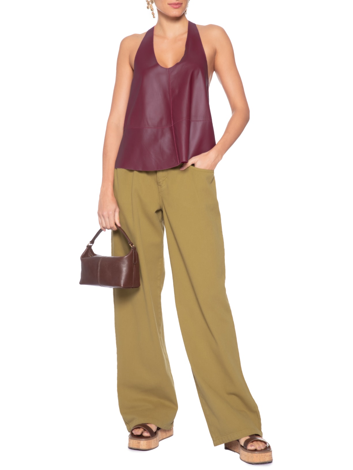 Calça Feminina de Sarja Prega Bolso Sépia Marrom Animale