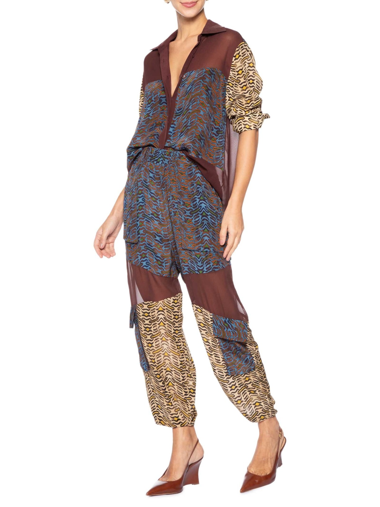 Calça Feminina De Seda e Georgette Estampada Cargo Animal Print Animale
