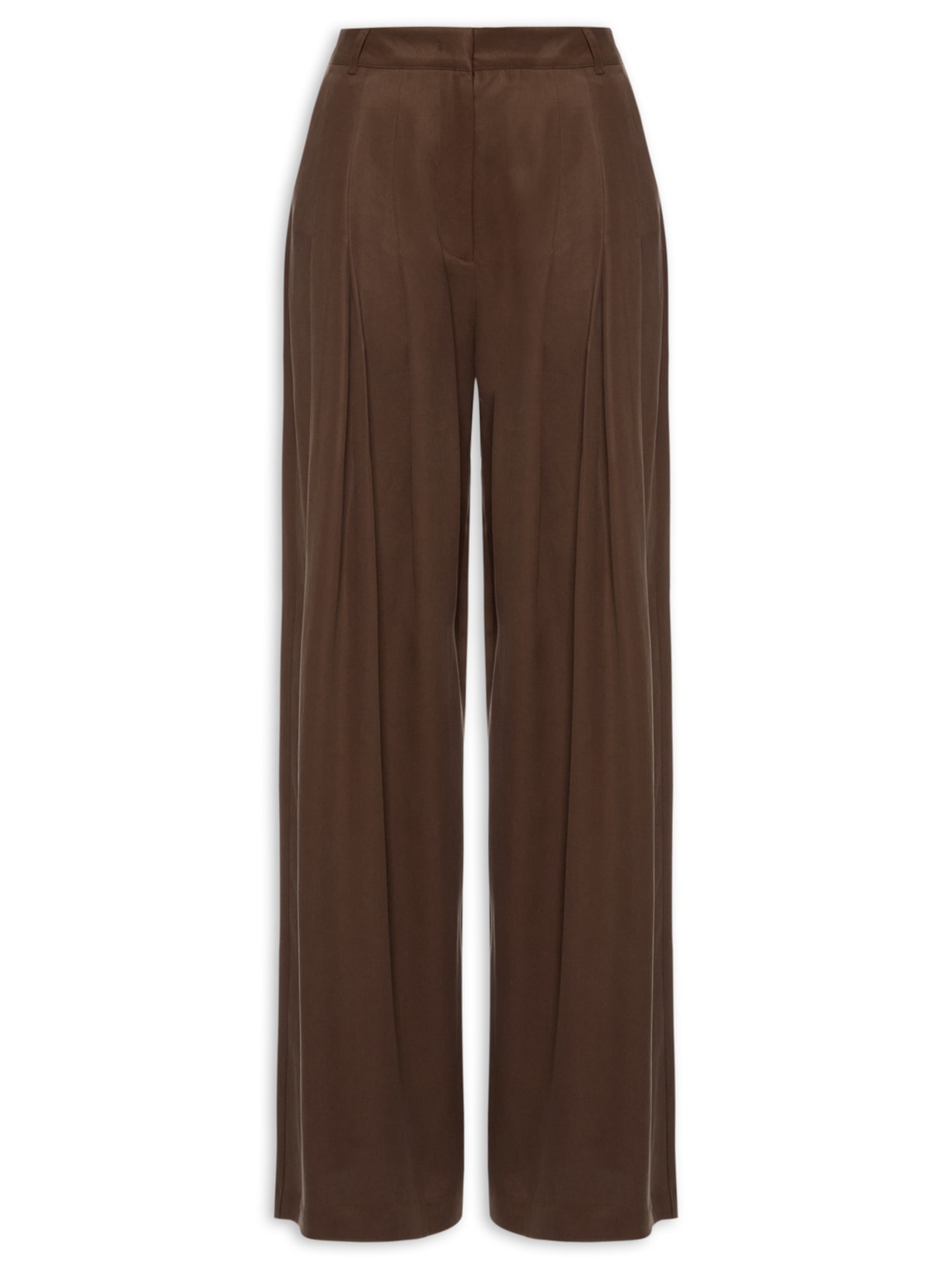 Calça Feminina De Tencel Pantalona Com Pregas - Marrom