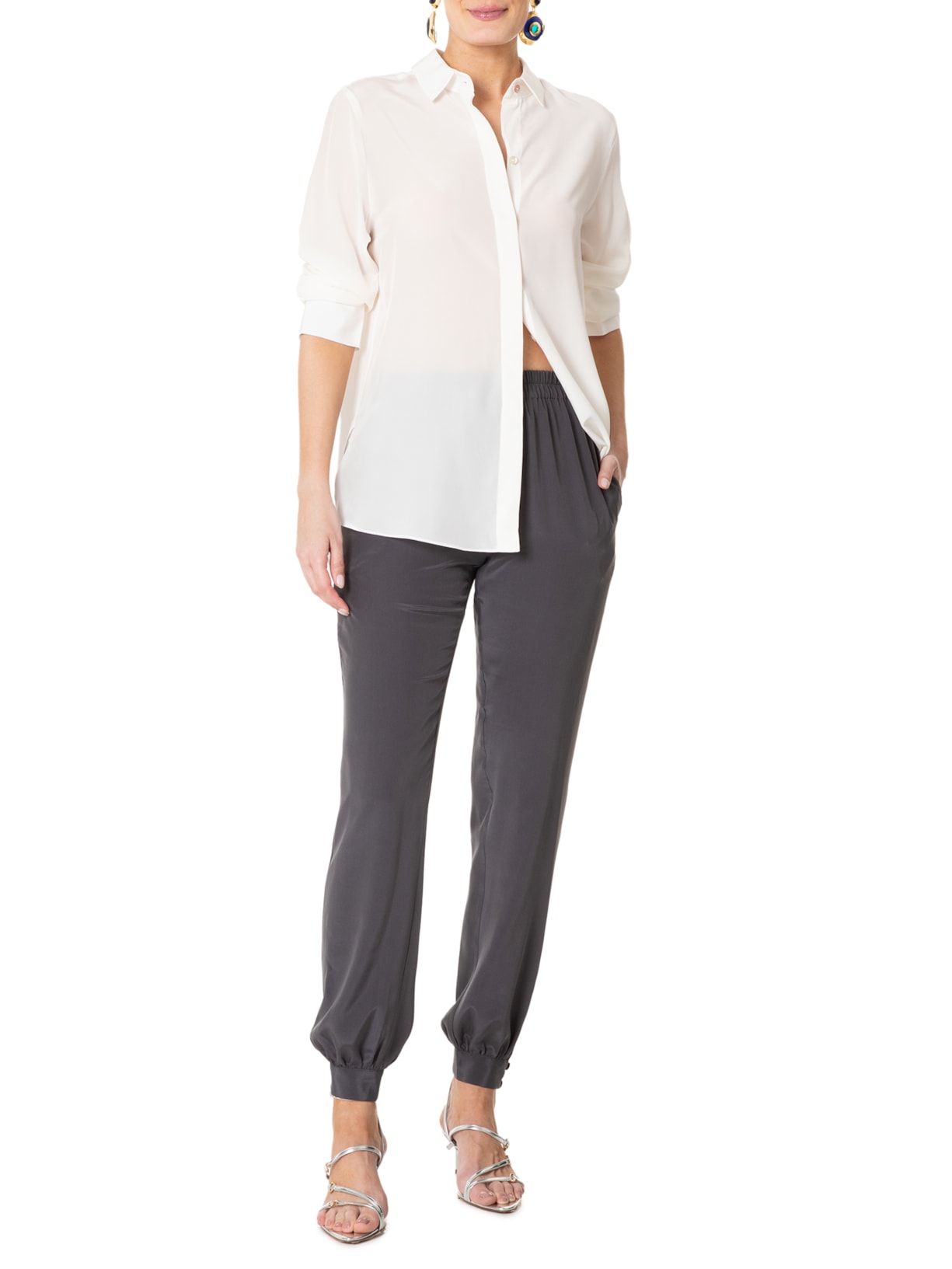 Calça Feminina Em Seda Pura Cinza '2Essential
