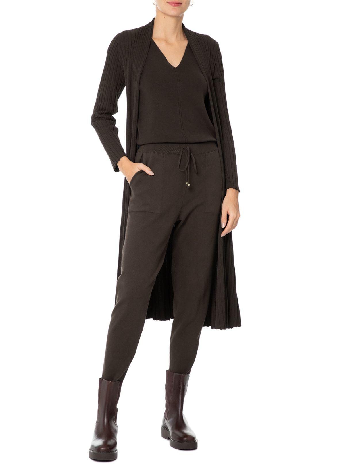 Calça Feminina em Tricot com Barra Italiana Marrom Anselmi