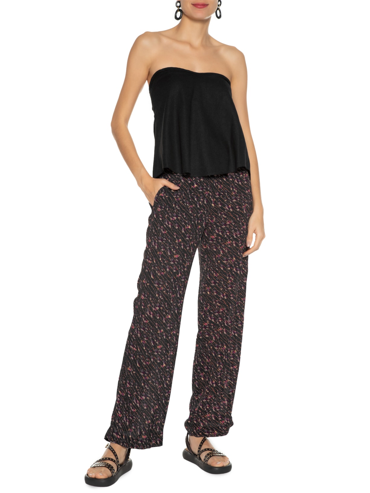 Calça Feminina Estampa Caicos Preto Maria Filó