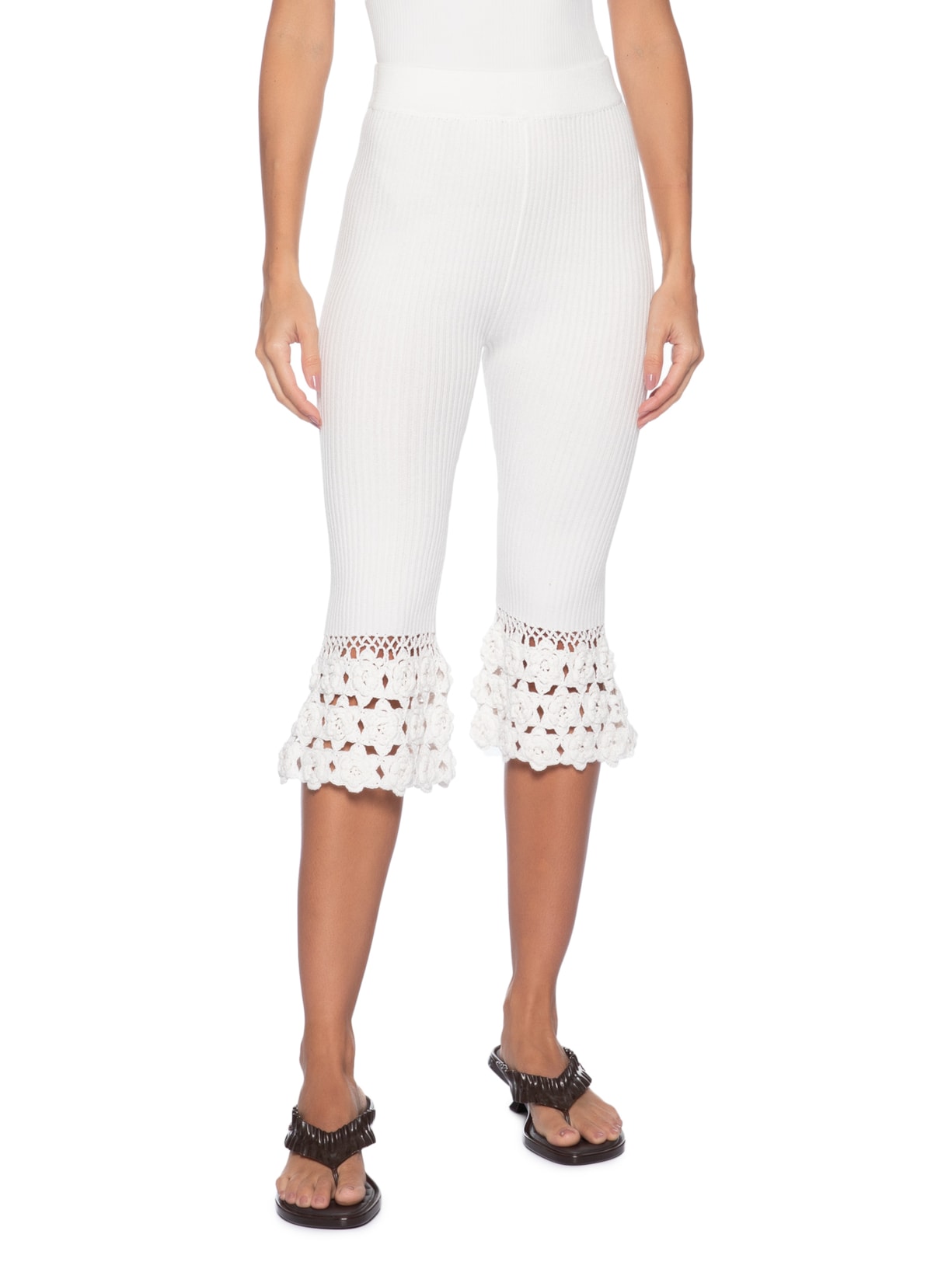 Calça Feminina Fine Cotton Rib Crochet Off White Ganni