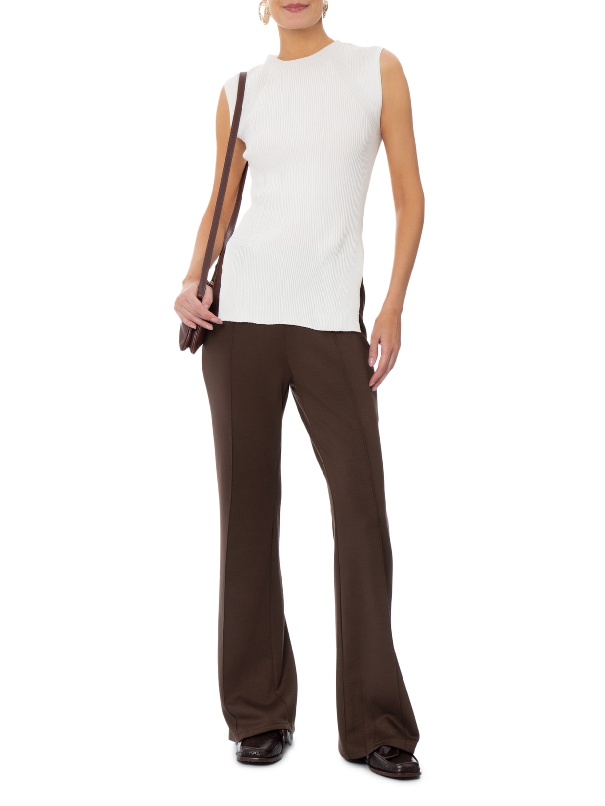 Calça Feminina Flare em Malha Marrom Basiq