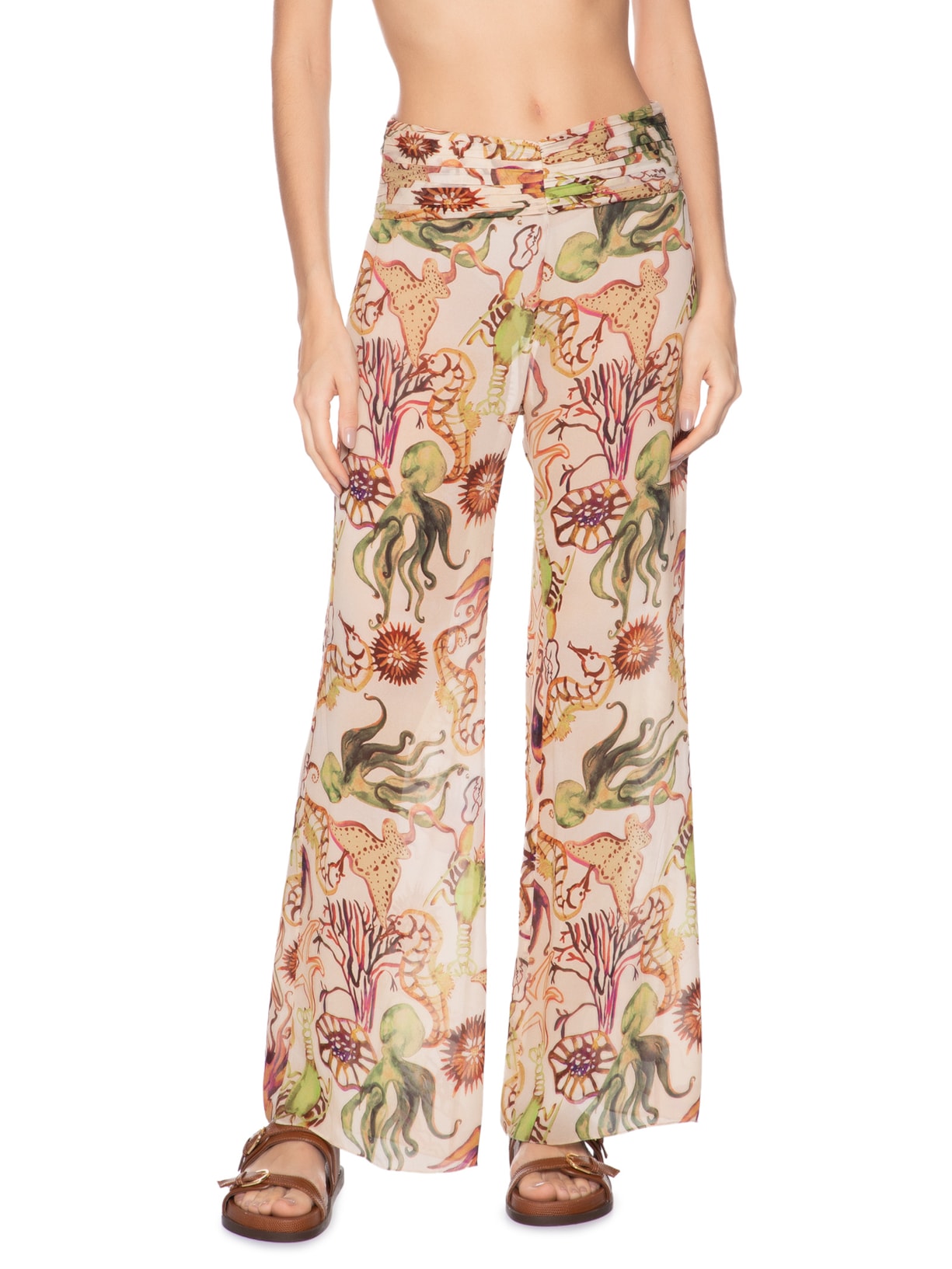 Calça Feminina Flare Franzida Resort Fundo do Mar Bege Animale Resort