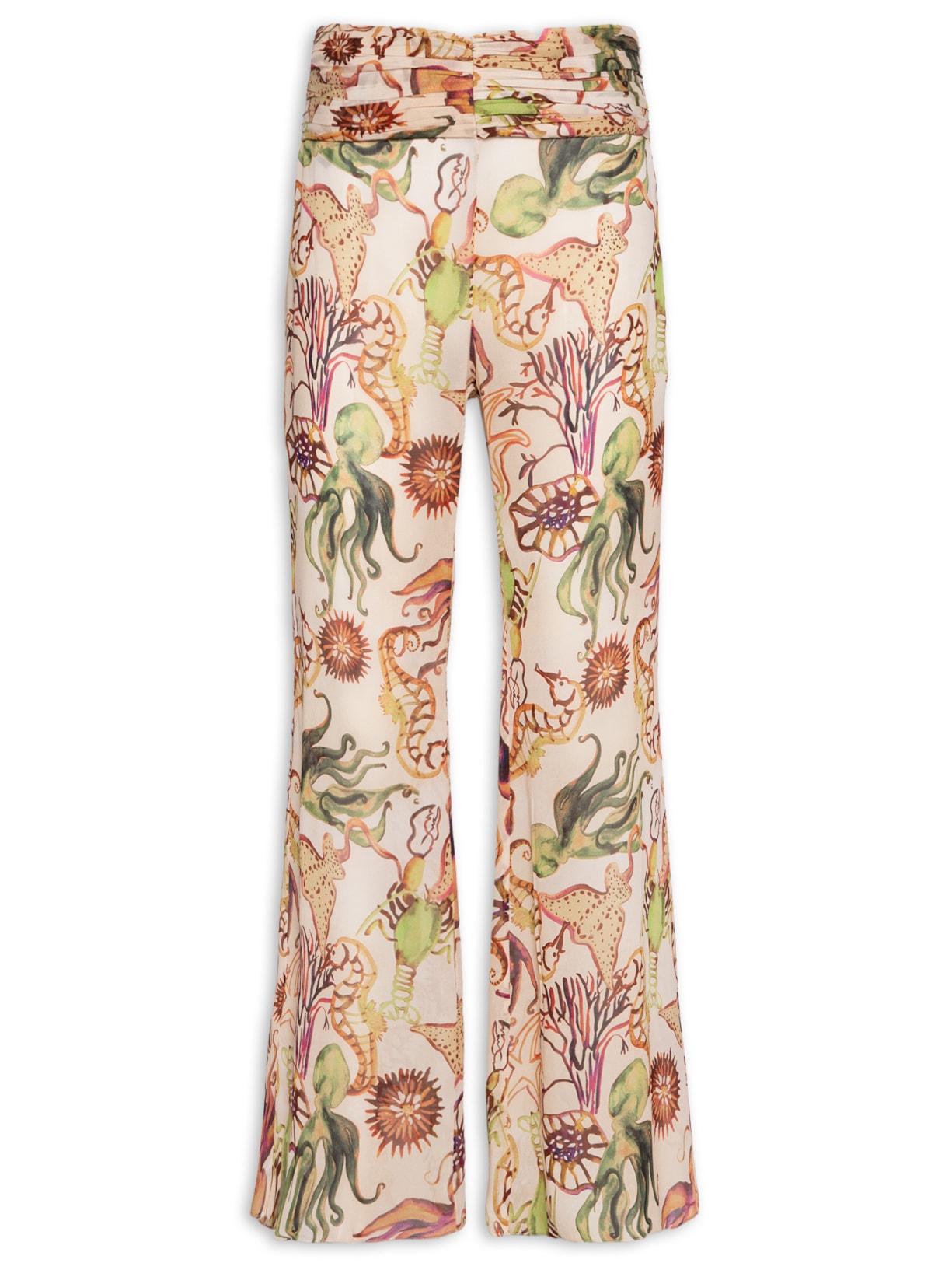 Calça Feminina Flare Franzida Resort Fundo do Mar - Bege