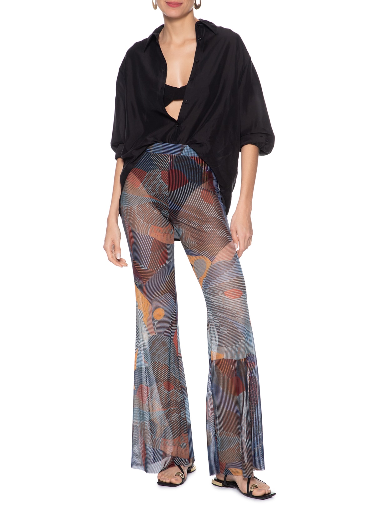 Calça Feminina Flare Tule Folhagem Azul Animale