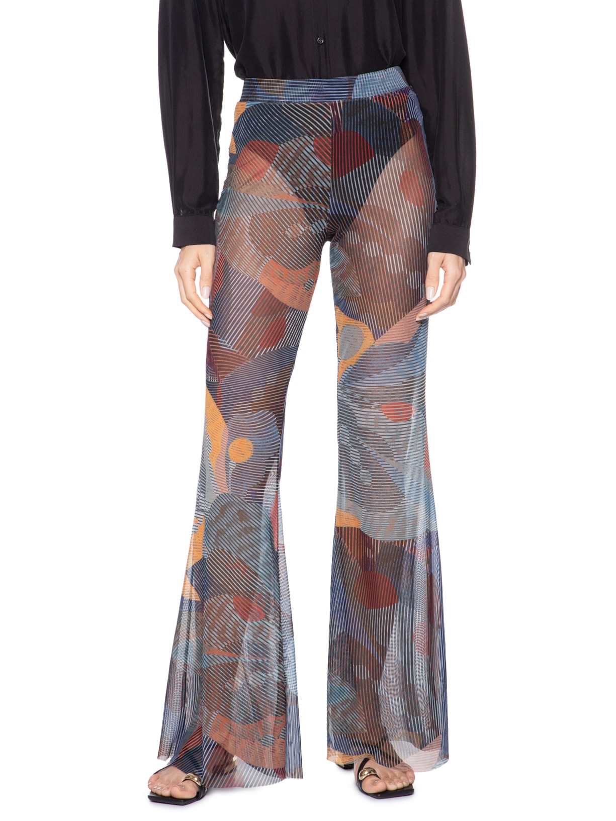 Calça Feminina Flare Tule Folhagem Azul Animale