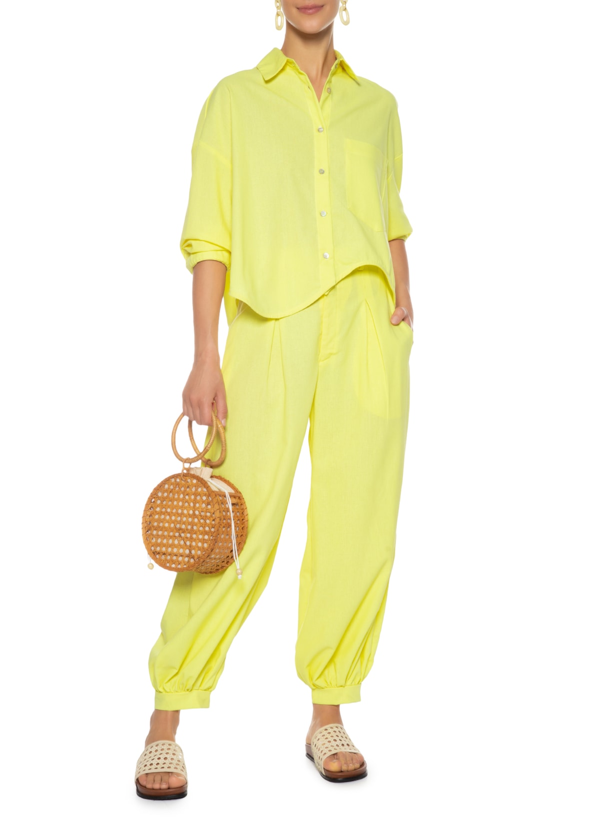 Calça Feminina Franzida Barra Amarelo Farm