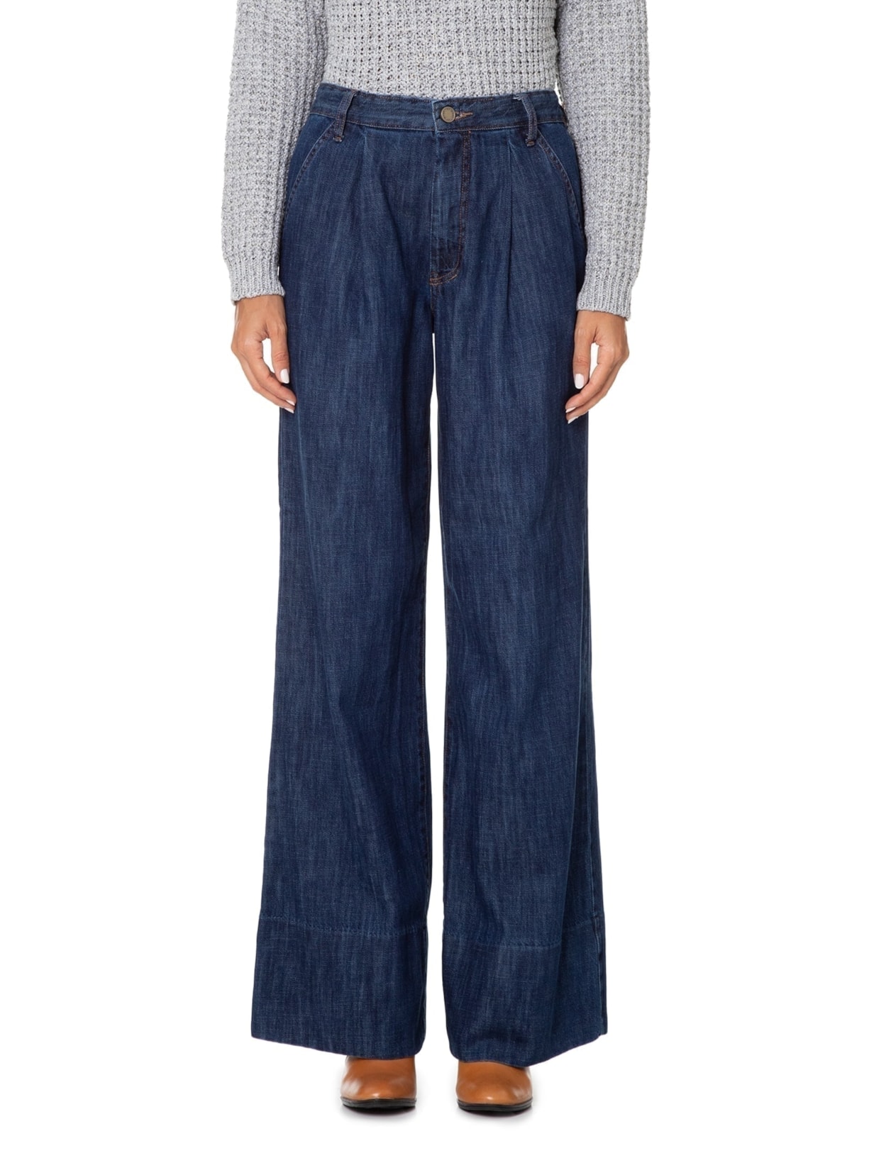 Calça Feminina Jeans Alfaiataria Pregas - Azul