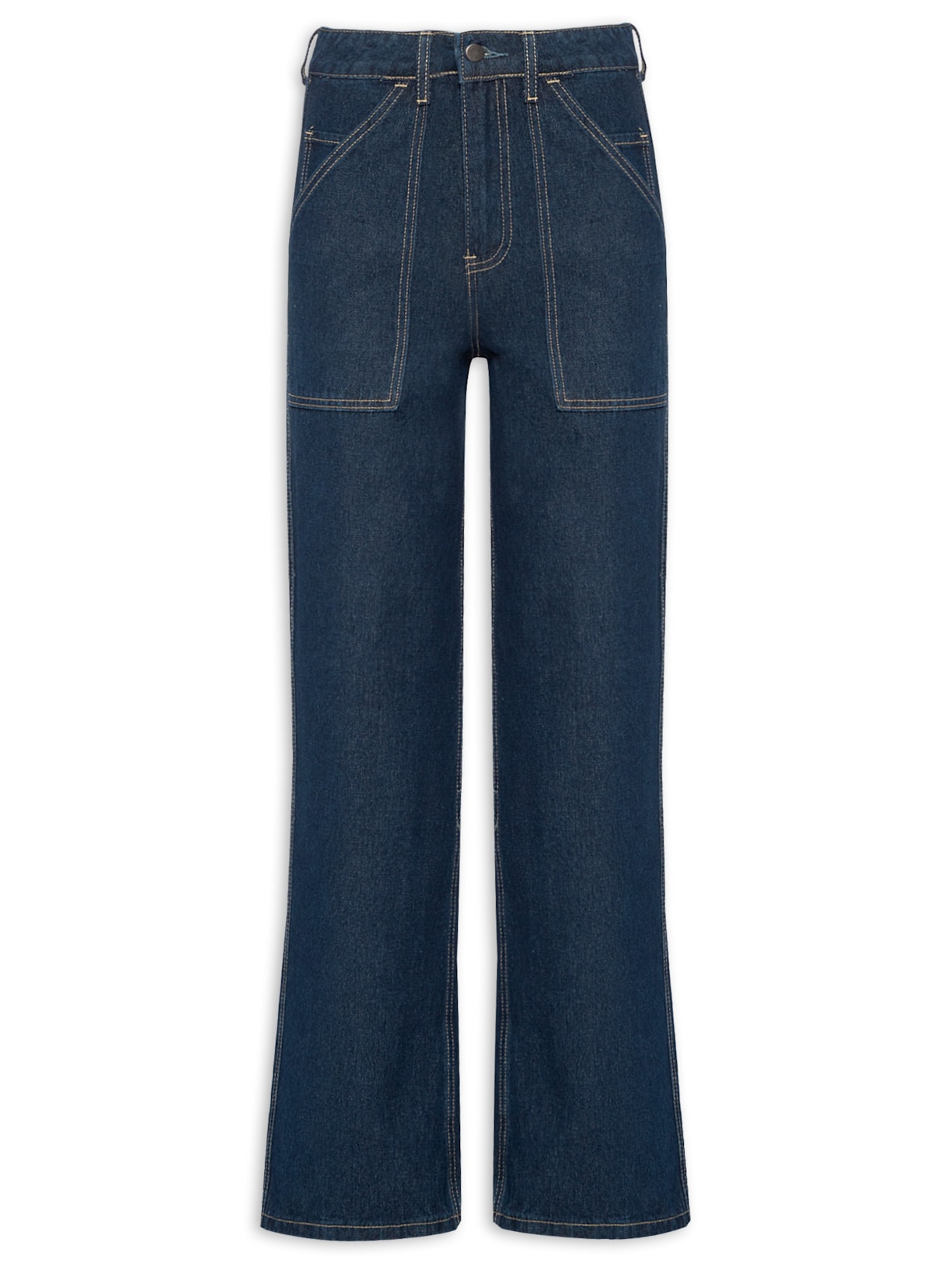 Calça Feminina Jeans Ampla Com Bolsos Frontais - Azul