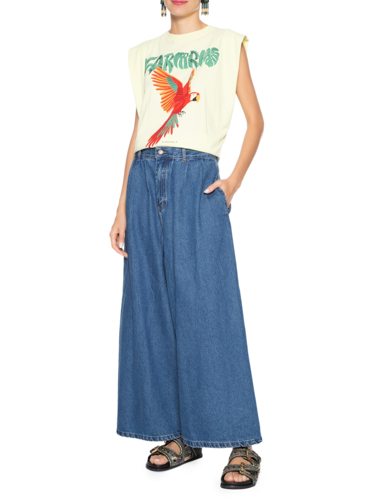 Calça Feminina Jeans Ampla Pregas Azul  Farm