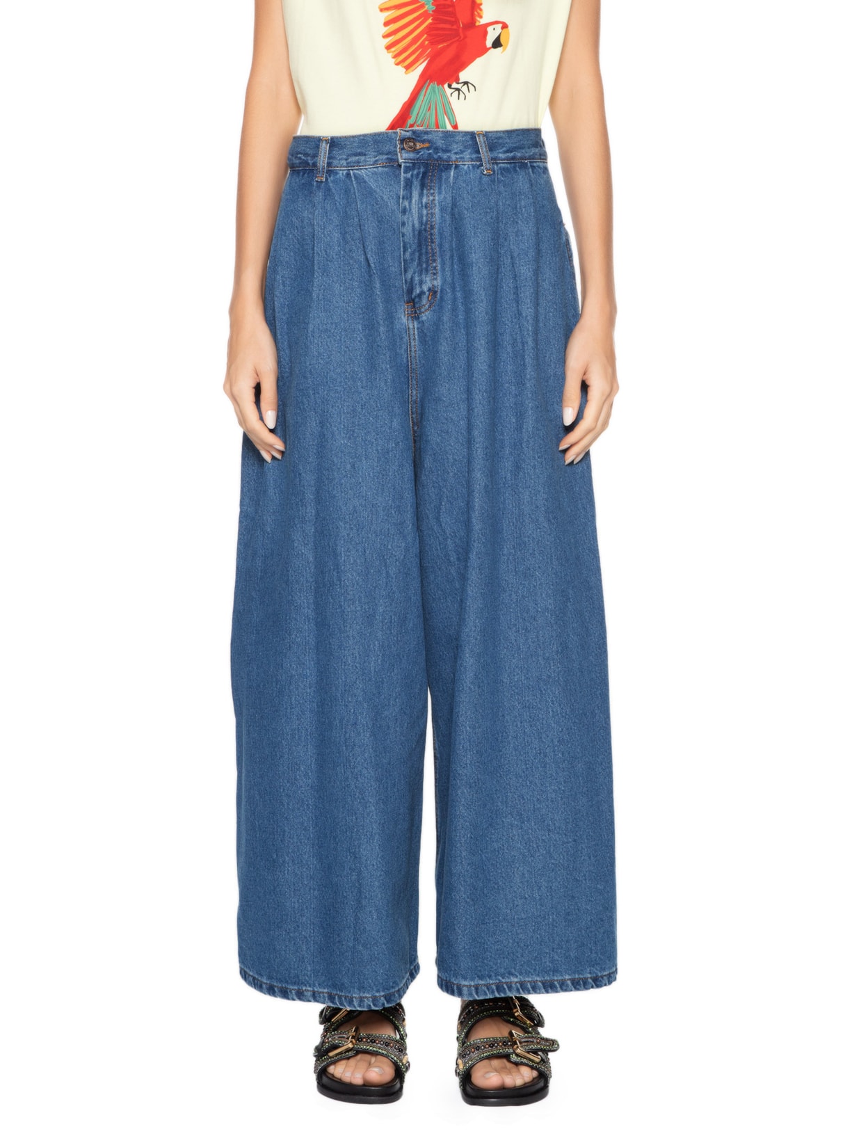 Calça Feminina Jeans Ampla Pregas Azul  Farm