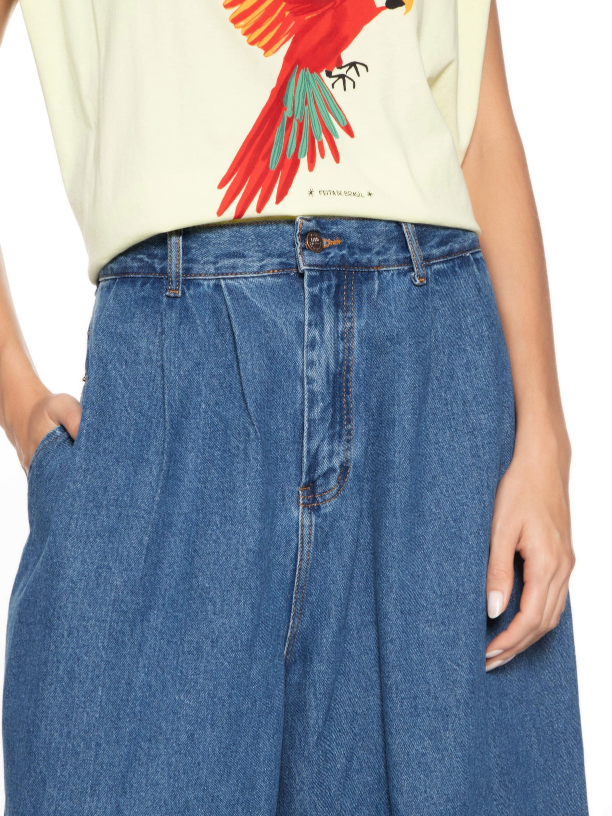 Calça Feminina Jeans Ampla Pregas Azul  Farm