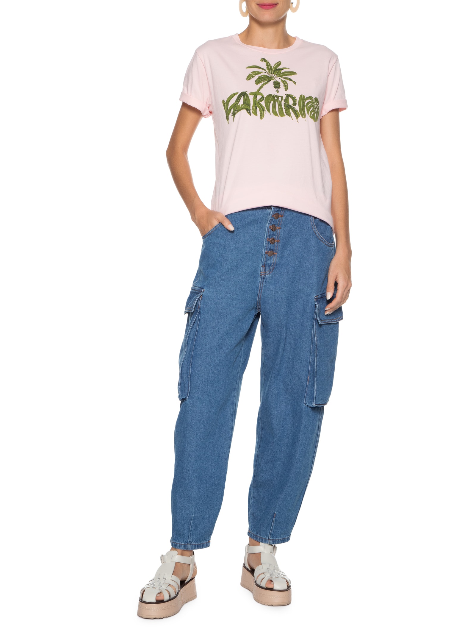 Calça Feminina Jeans Baggy Cargo - Farm - Azul