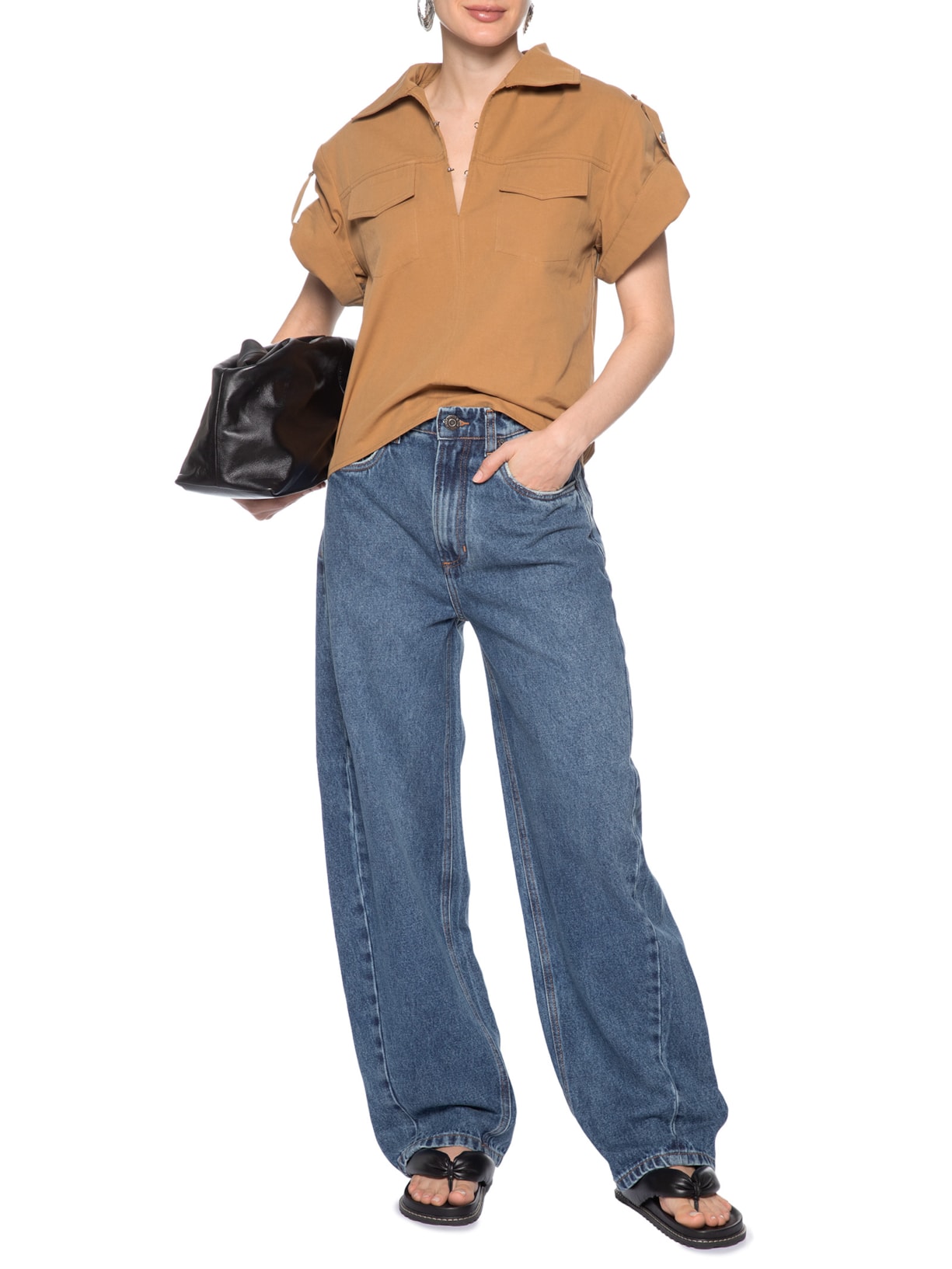 Calça Feminina Jeans Baggy Com Transpasse Folha  Azul Animale Jeans