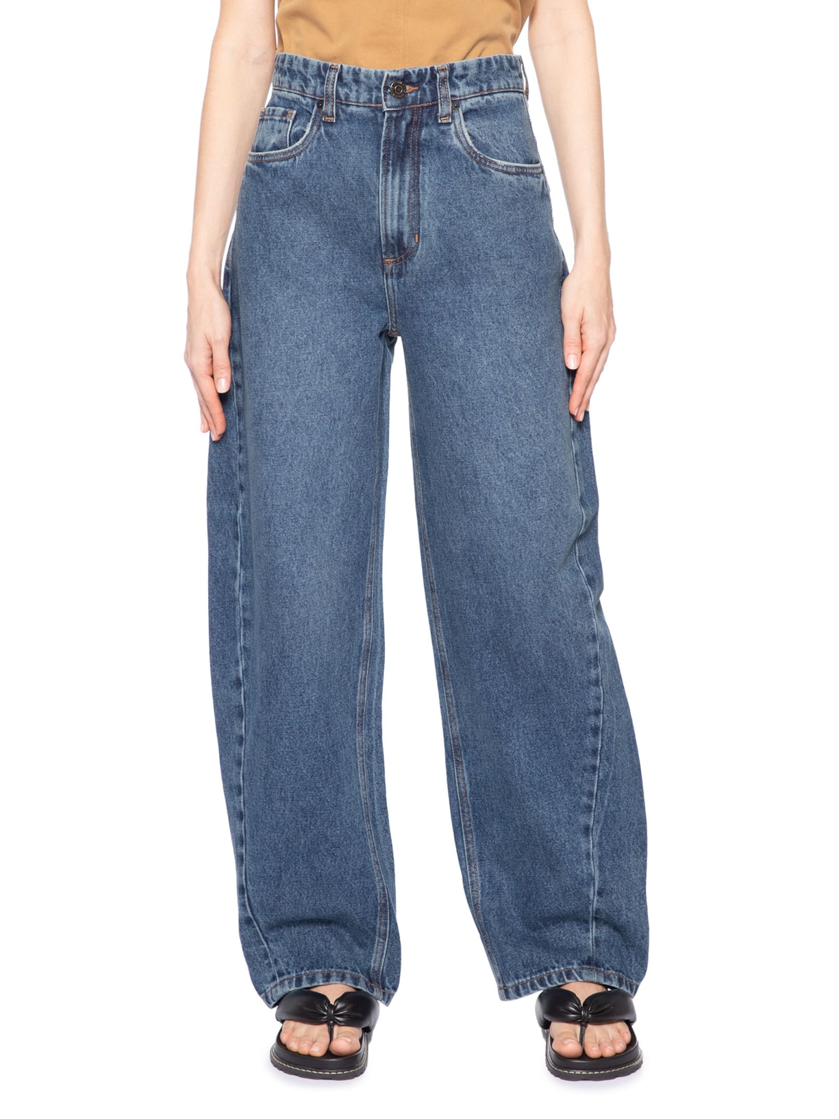 Calça Feminina Jeans Baggy Com Transpasse Folha  – Azul Animale Jeans