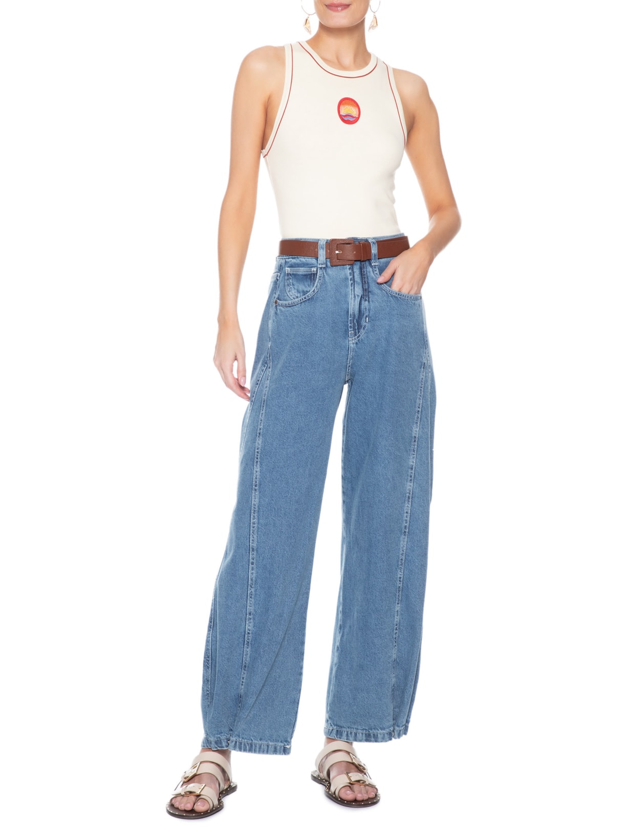 Calça Feminina Jeans Barrel Delavê Regulagem Azul Dress To