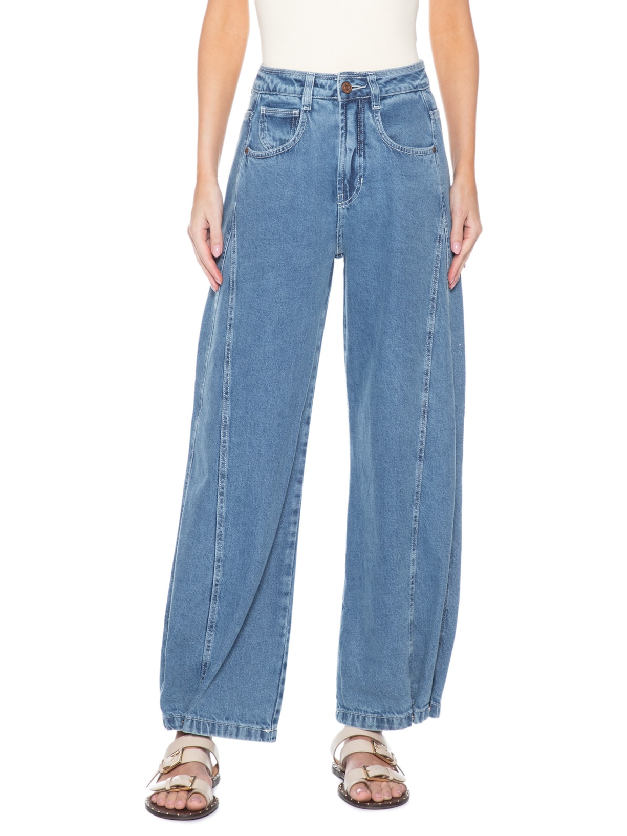 Calça Feminina Jeans Barrel Delavê Regulagem Azul Dress To