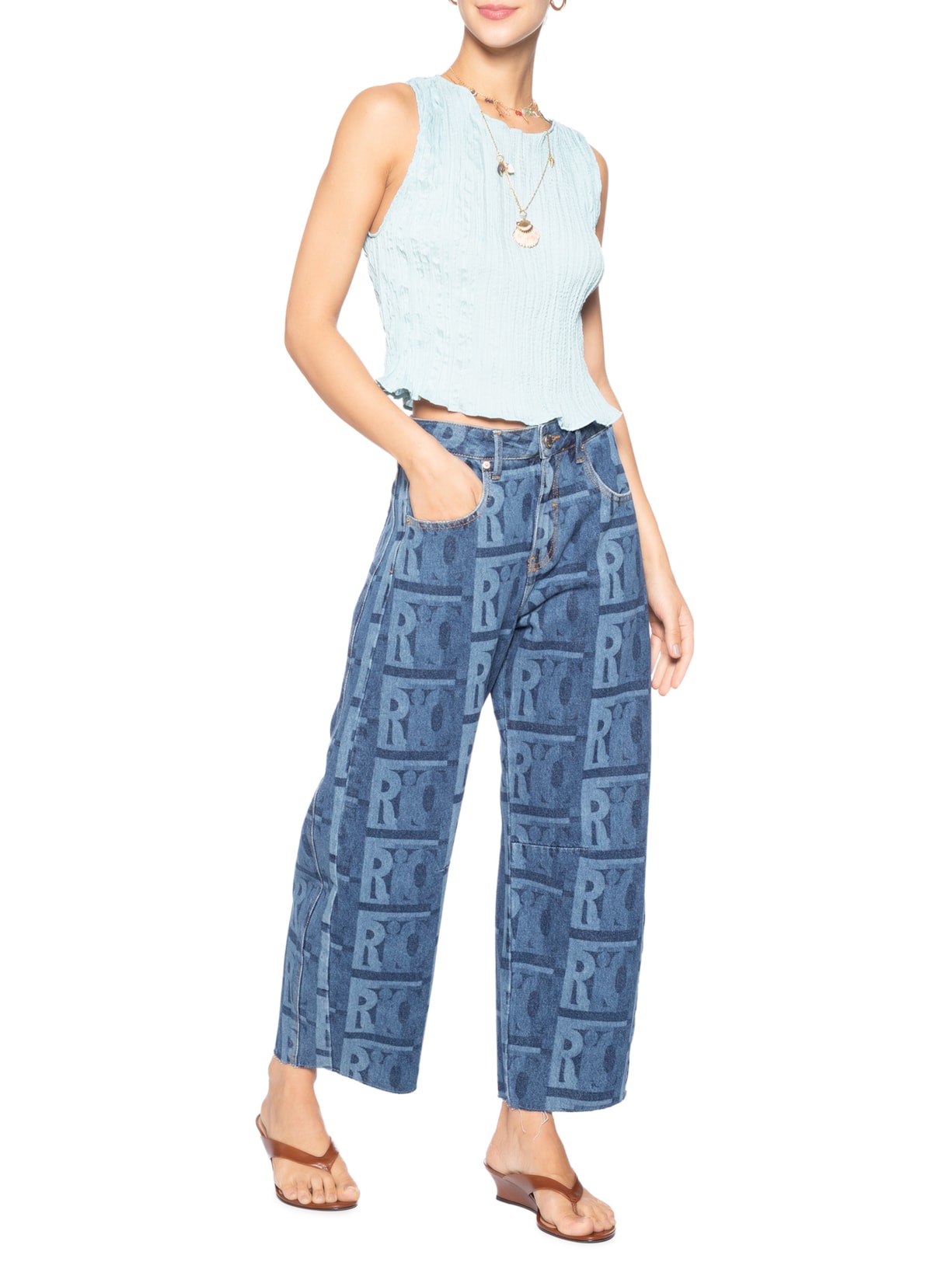 Calça Feminina Jeans Barrel Laser Rio Gráfico Azul Farm