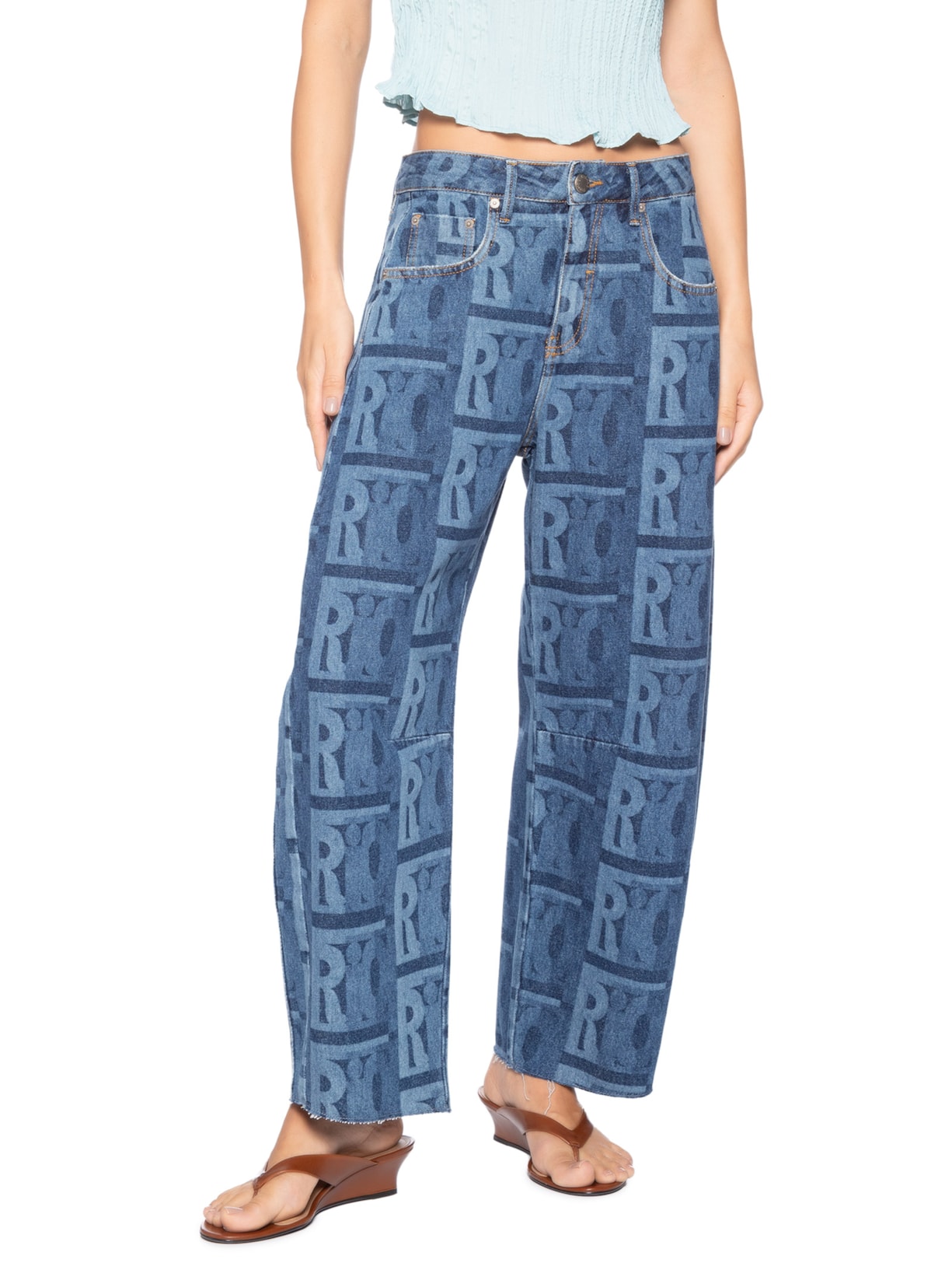 Calça Feminina Jeans Barrel Laser Rio Gráfico Azul Farm