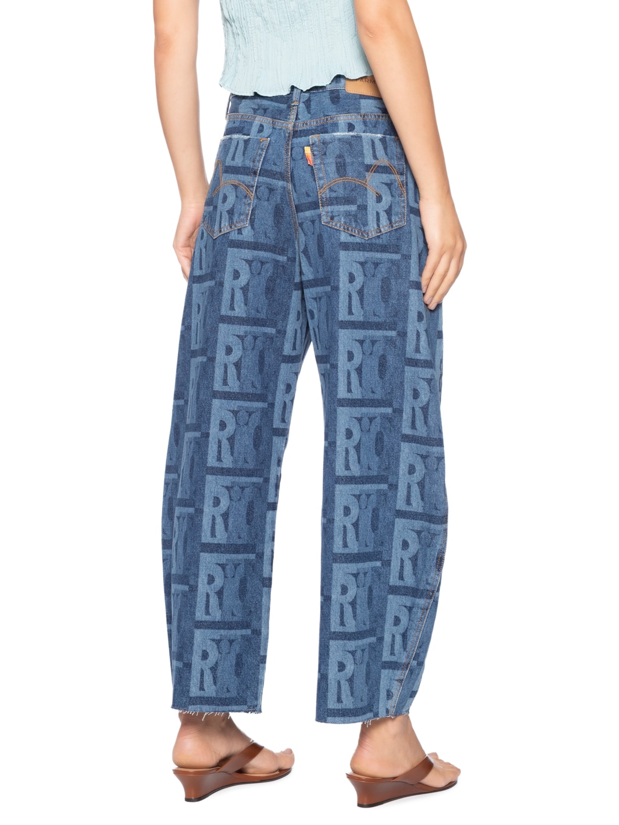 Calça Feminina Jeans Barrel Laser Rio Gráfico Azul Farm