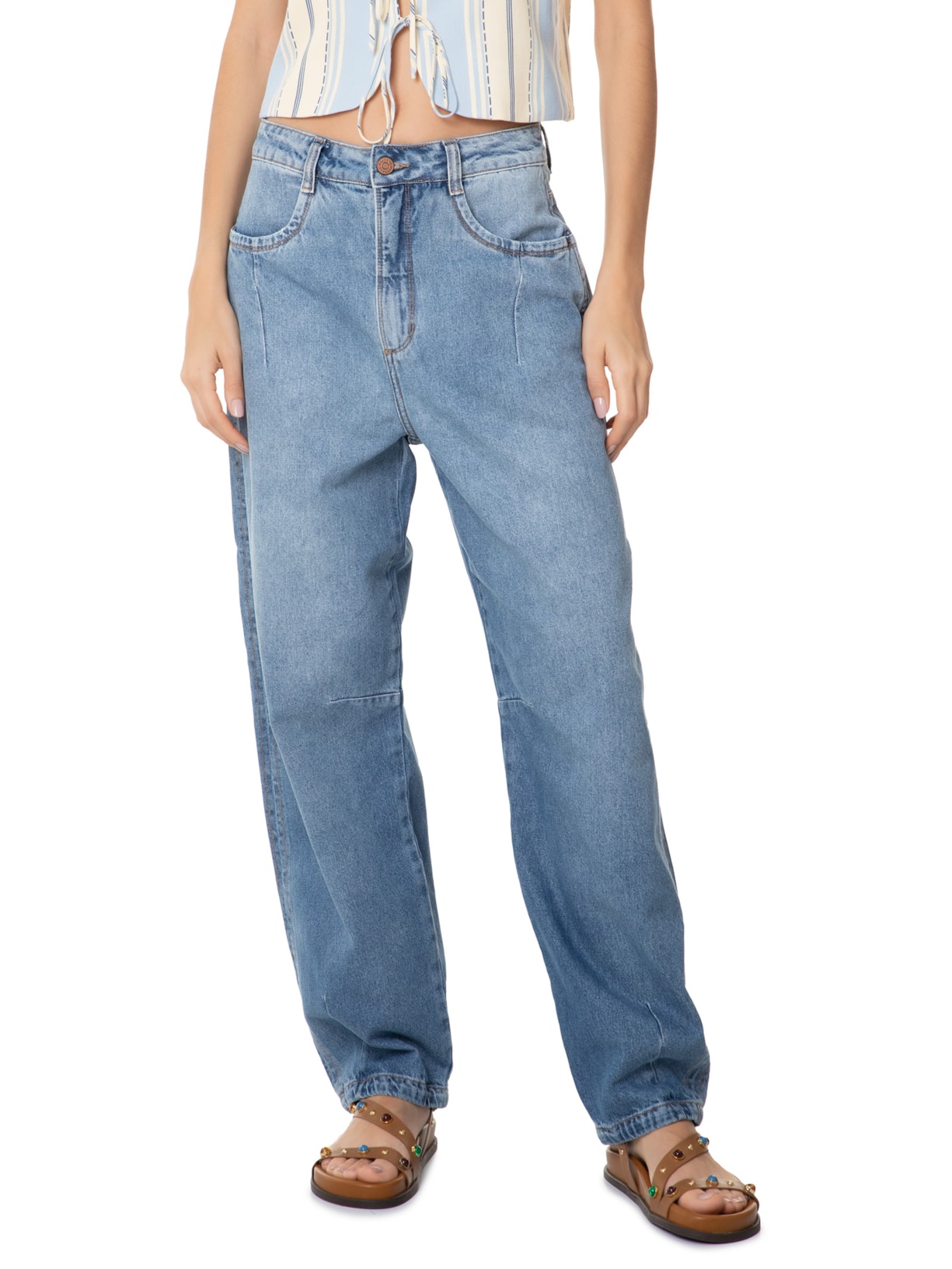 Calça Feminina Jeans Barrel Pesponto Jeans Dress To