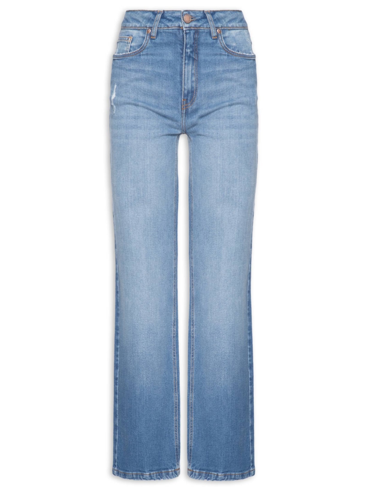 Calça Feminina Jeans Blue Reta Desgastes - Azul