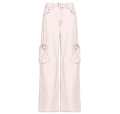 Calça Feminina Jeans Boot 70S Cargo Cinto - Rosa