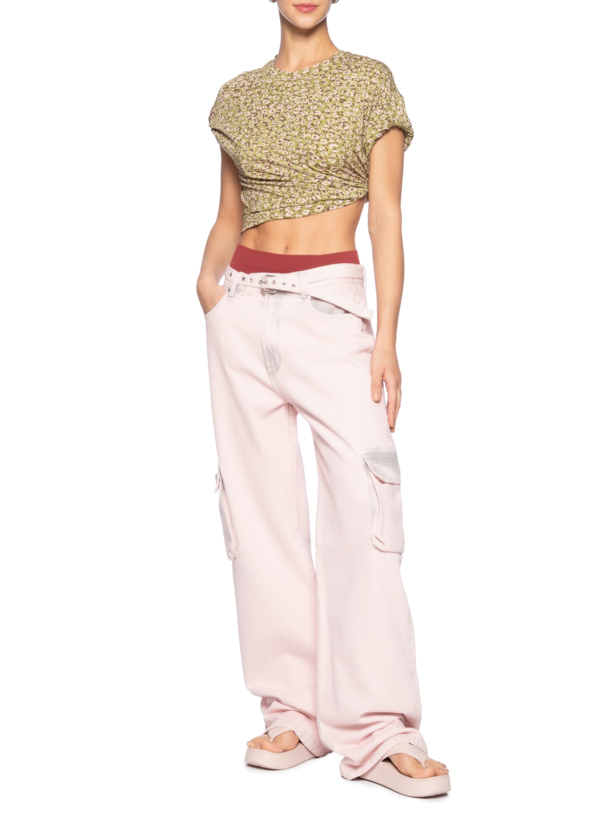 Calça Feminina Jeans Boot 70S Cargo Cinto Rosa Animale Jeans