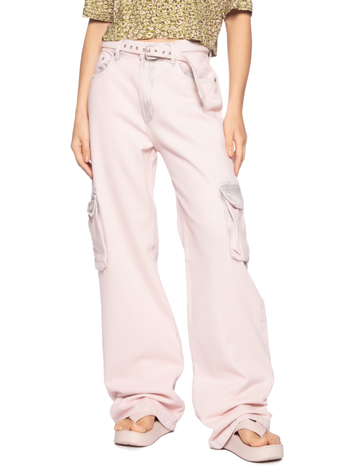 Calça Feminina Jeans Boot 70S Cargo Cinto Rosa Animale Jeans