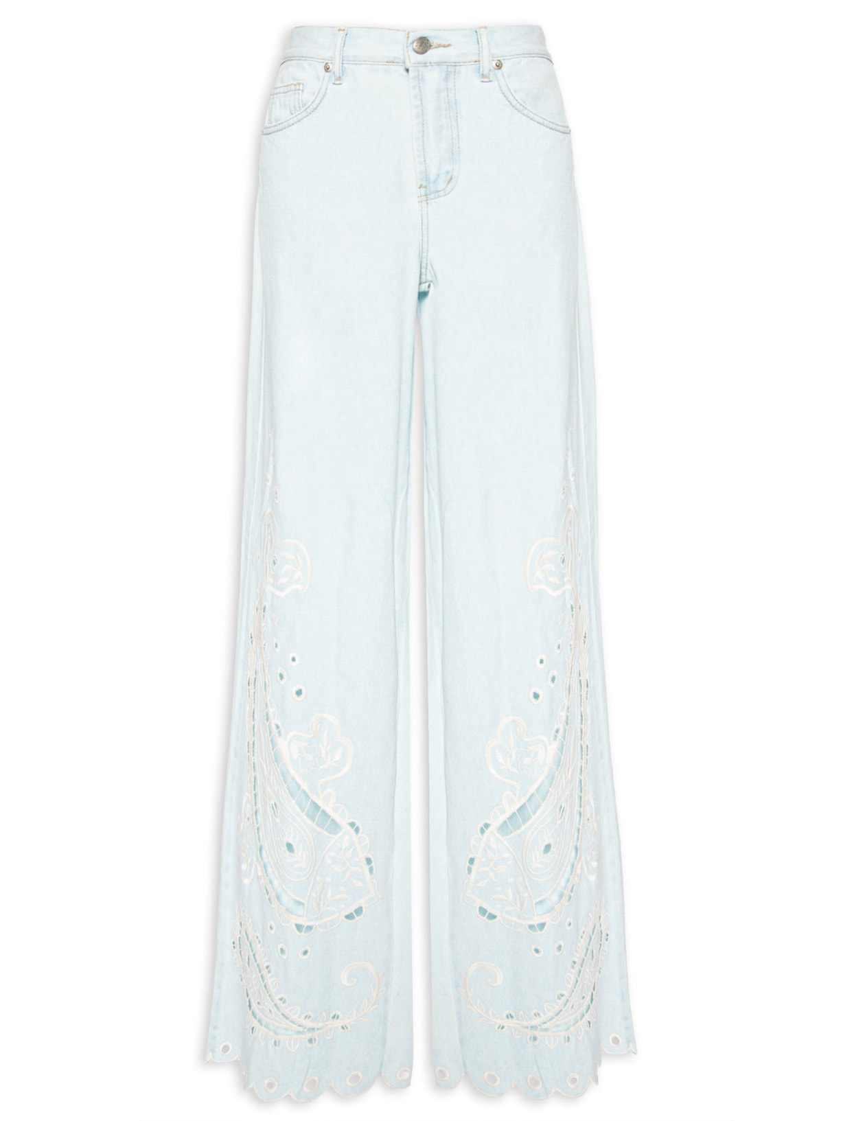 Calça Feminina Jeans Bordado Peixe Paisley - Azul