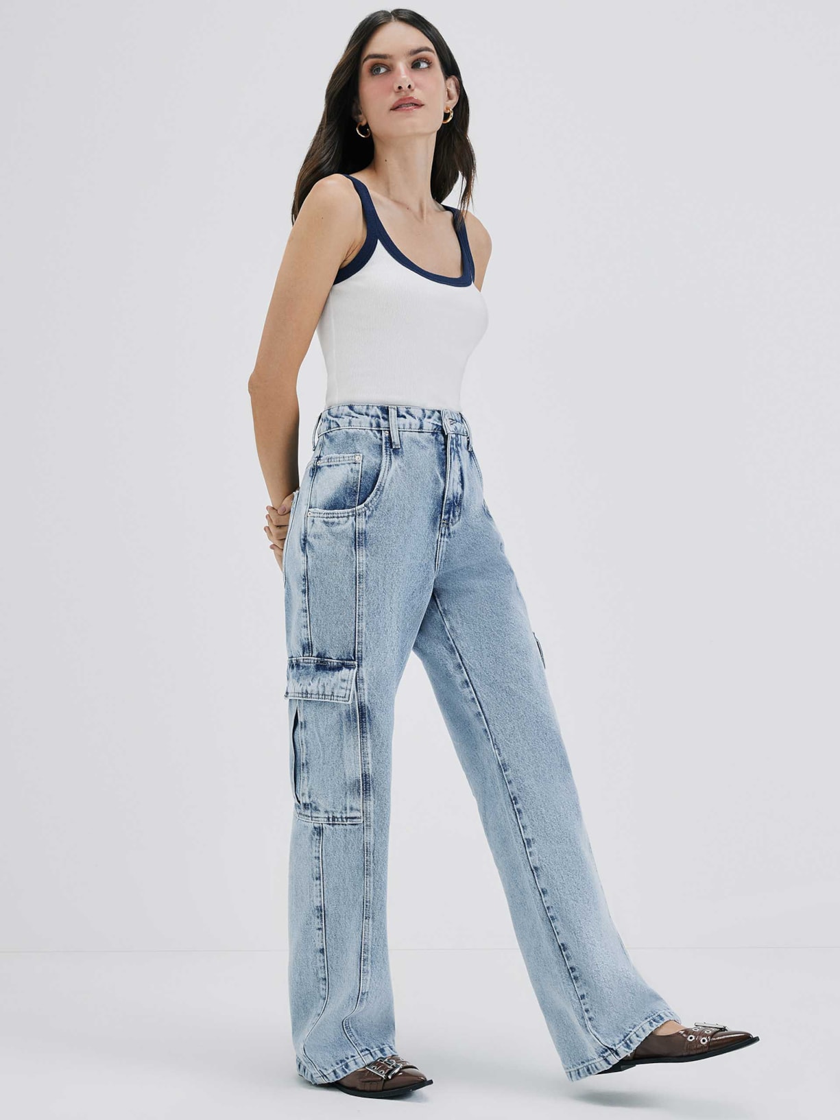 Calça Feminina Jeans Cargo - Azul