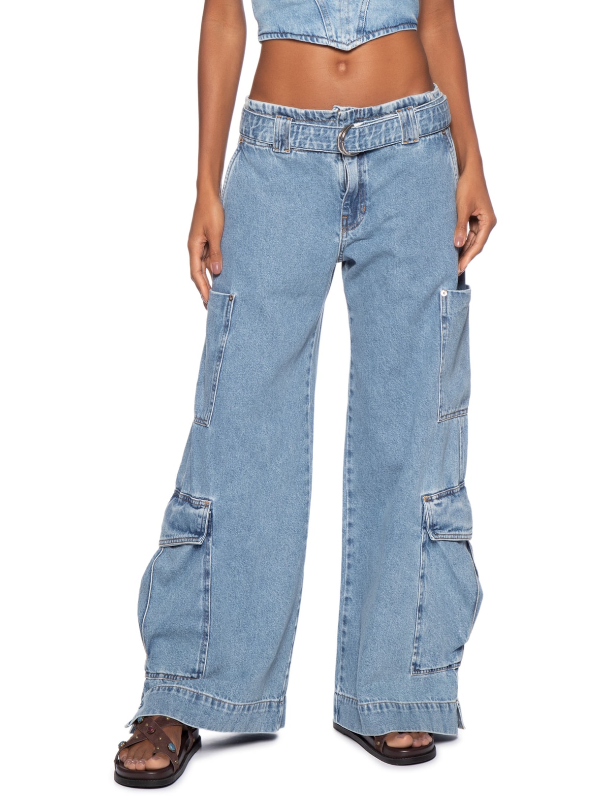 Calça Feminina Jeans Cargo Com Cinto Azul Animale Jeans