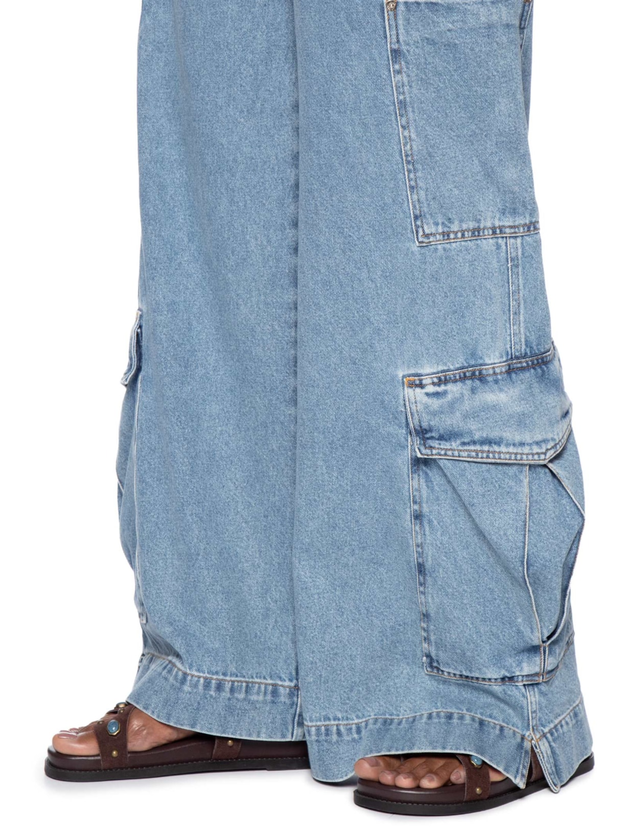 Calça Feminina Jeans Cargo Com Cinto Azul Animale Jeans