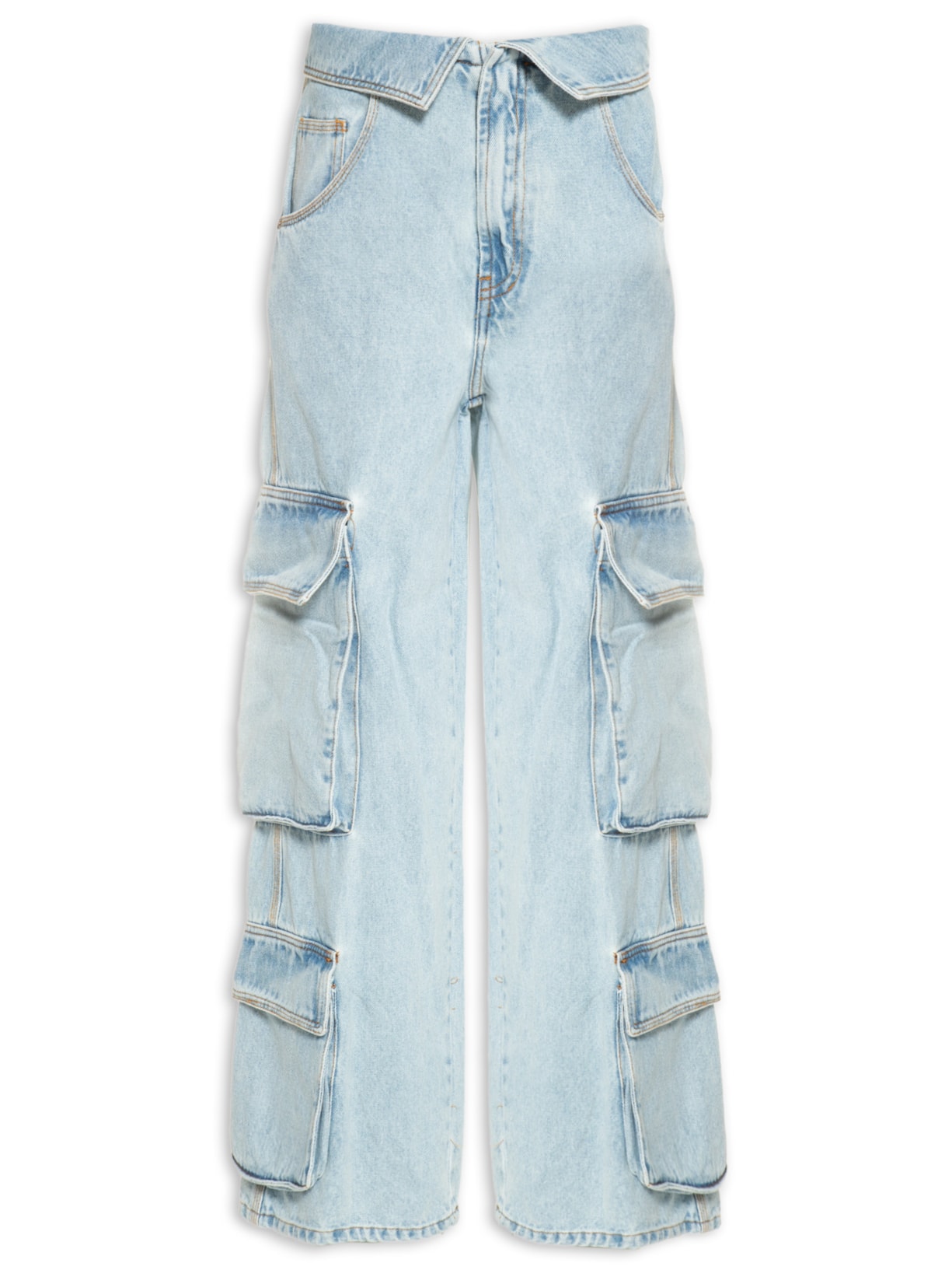 Calça Feminina Jeans Cargo Cós Virado - Azul