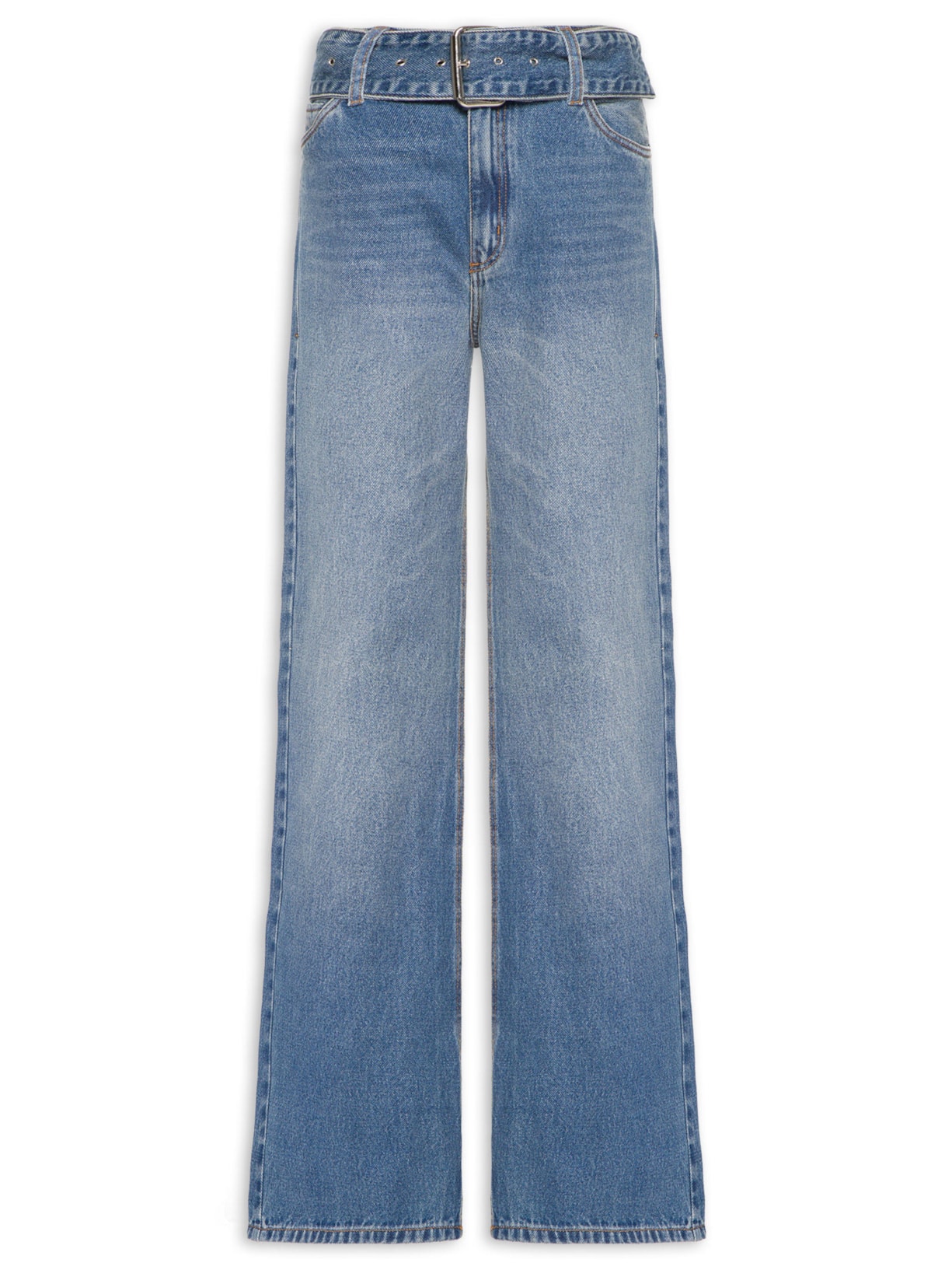 Calça Feminina Jeans Cinto Amplo Stoned - Azul