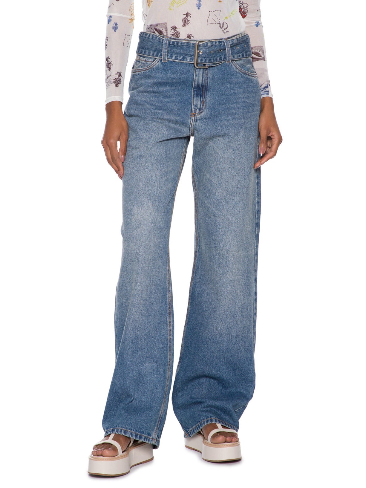 Calça Feminina Jeans Cinto Amplo Stoned Azul Animale Jeans