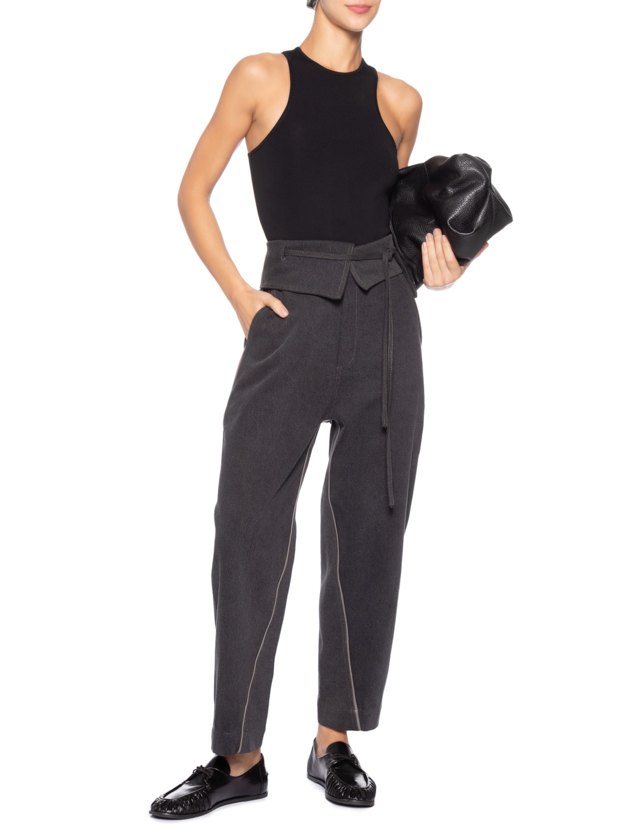 Calça Feminina Jeans Com Couro Cinza Coven