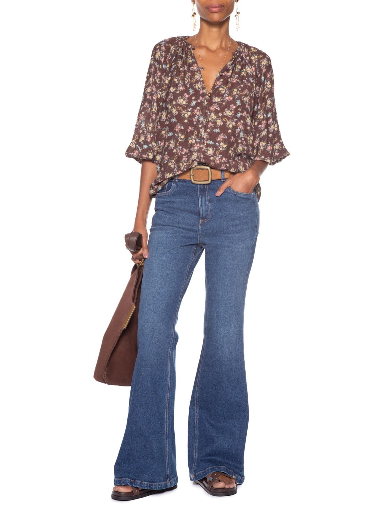 Calça Feminina Jeans Flare Cintura Alta Used Azul Maria Filó