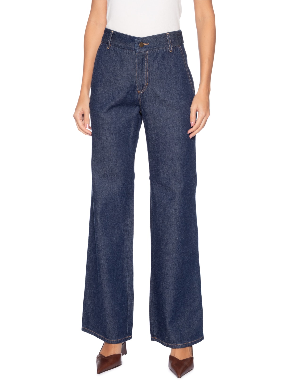 Calça Feminina Jeans Longa Vinco Bolso Faca Azul Andrea Marques