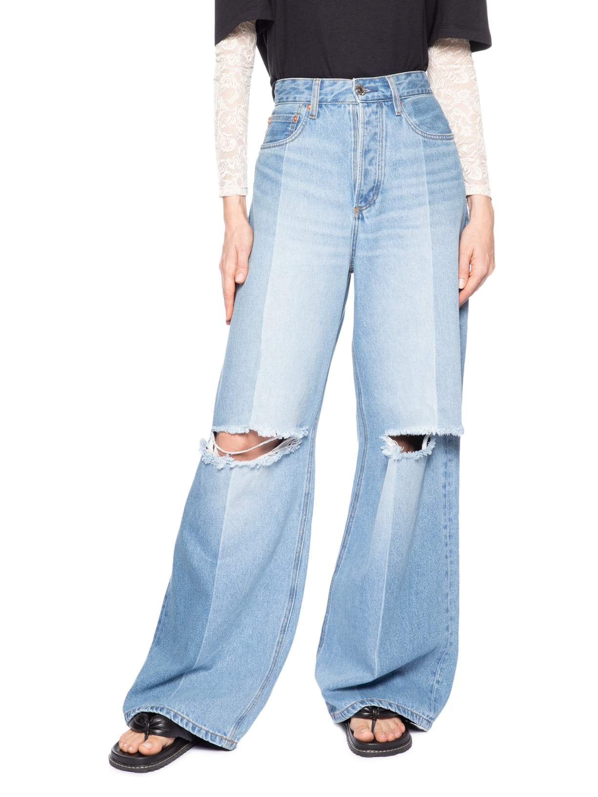 Calça Feminina Jeans Maxi Wide Leg Patchwork Azul Animale Jeans